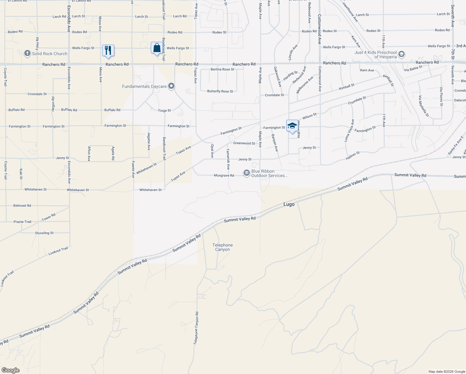 map of restaurants, bars, coffee shops, grocery stores, and more near 14391 Musgrave Road in Hesperia