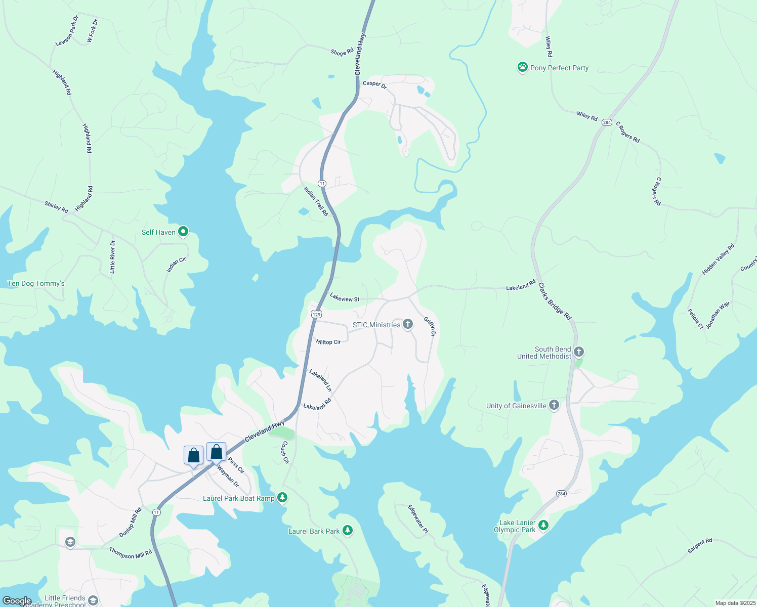 map of restaurants, bars, coffee shops, grocery stores, and more near 3455 Lakeland Road in Gainesville