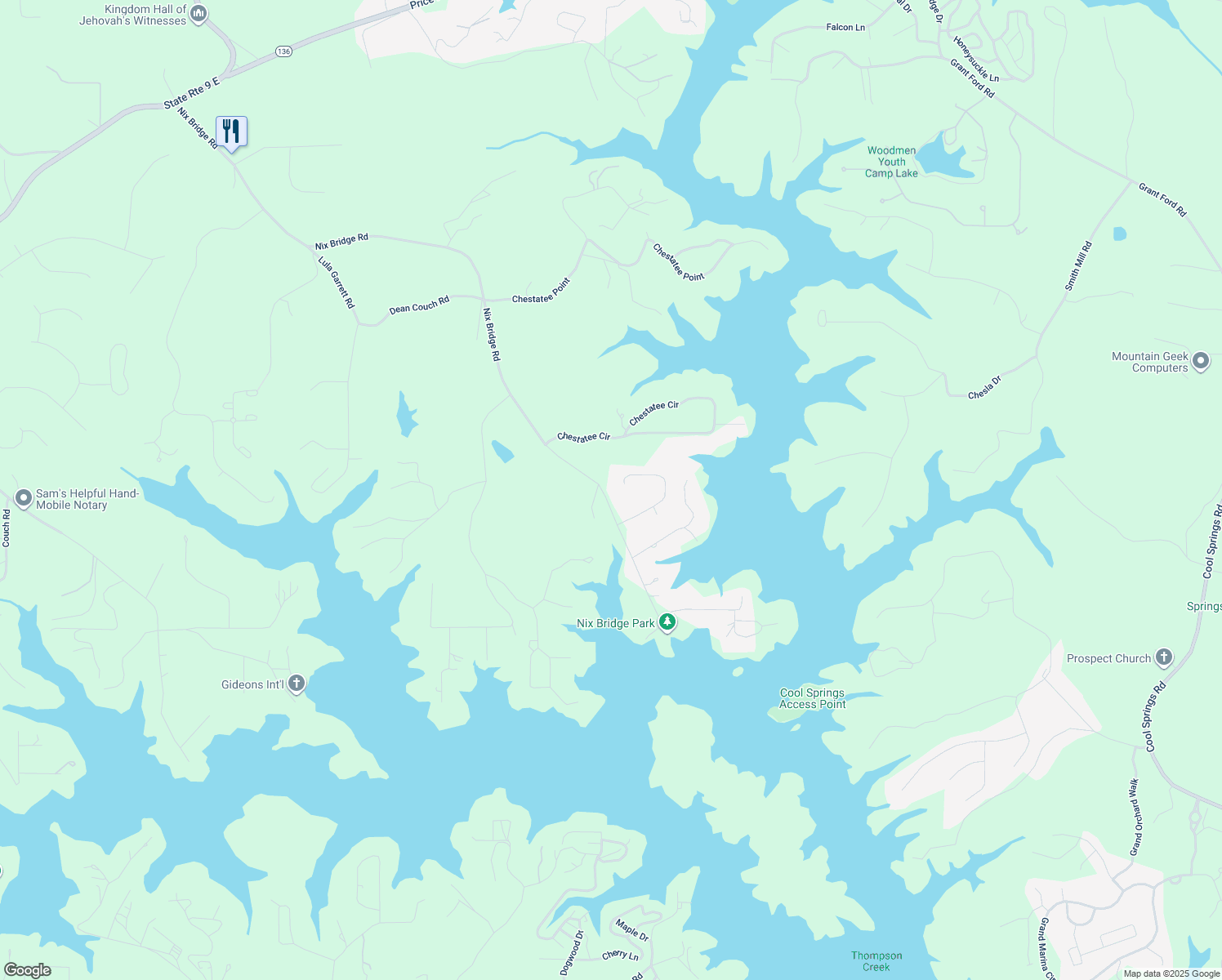 map of restaurants, bars, coffee shops, grocery stores, and more near 370 Rainey Drive in Dawsonville
