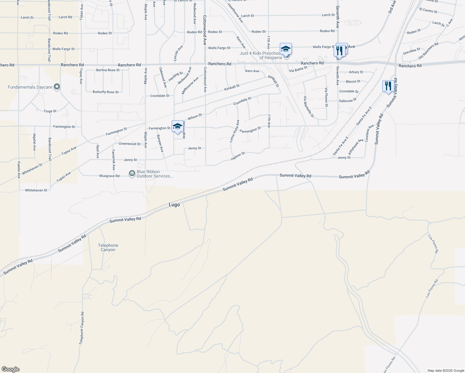 map of restaurants, bars, coffee shops, grocery stores, and more near Summit Valley Road in Hesperia