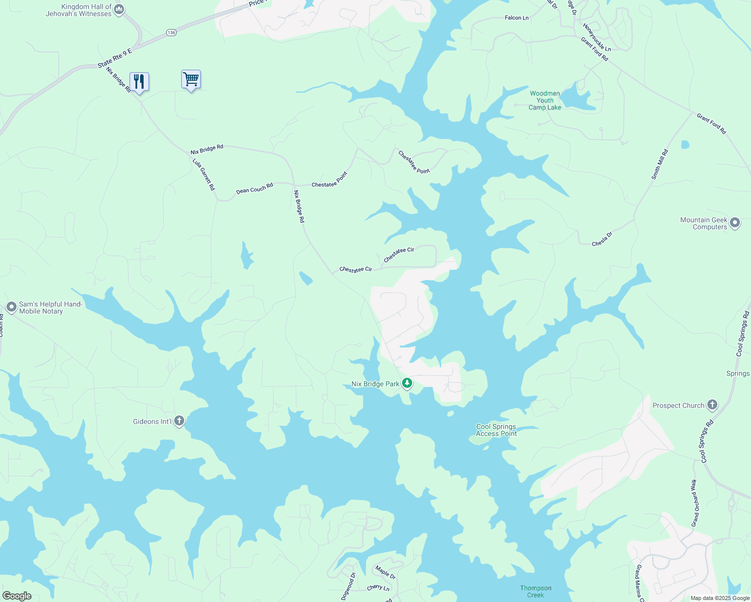 map of restaurants, bars, coffee shops, grocery stores, and more near 370 Rainey Drive in Dawsonville