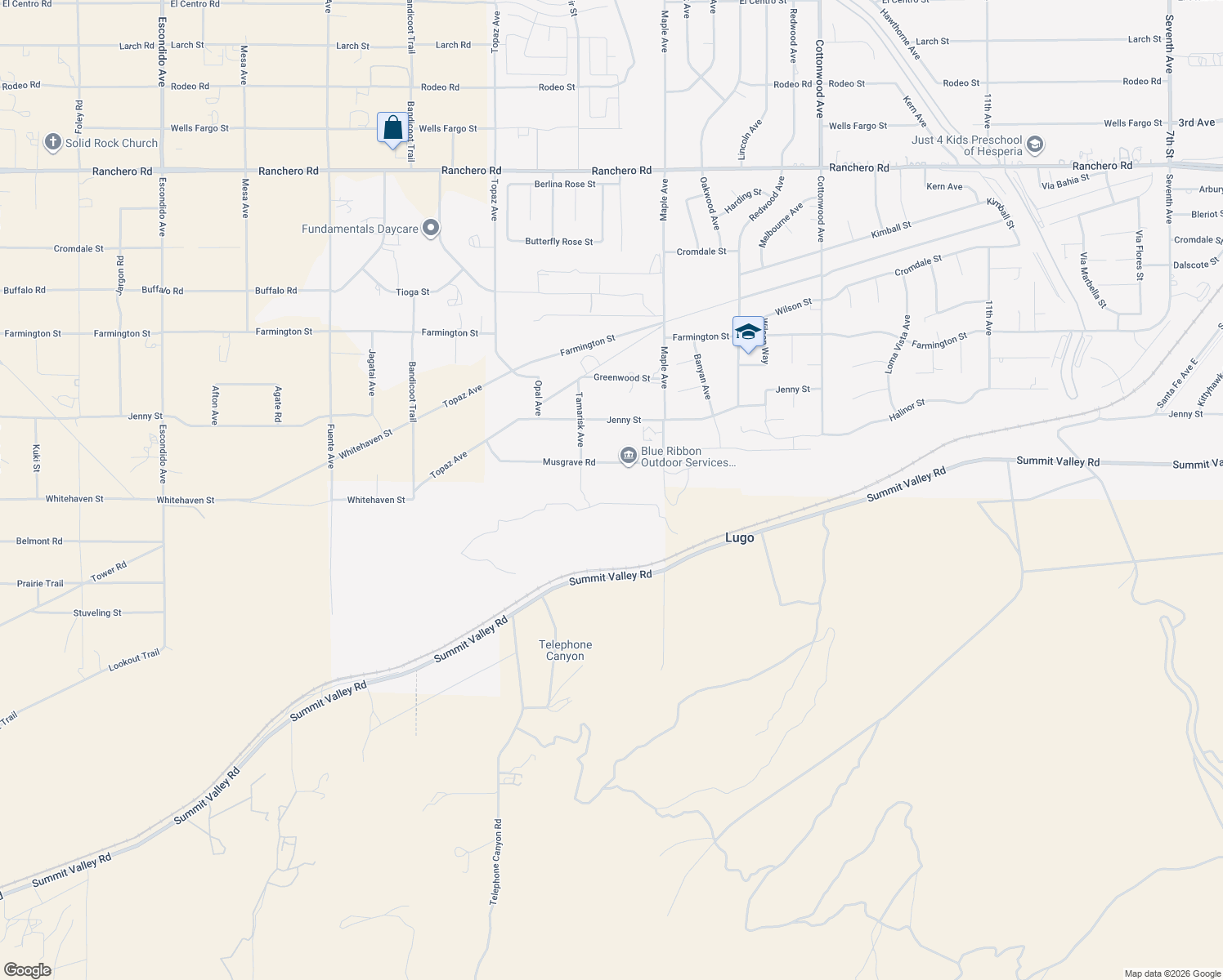 map of restaurants, bars, coffee shops, grocery stores, and more near 14391 Musgrave Road in Hesperia