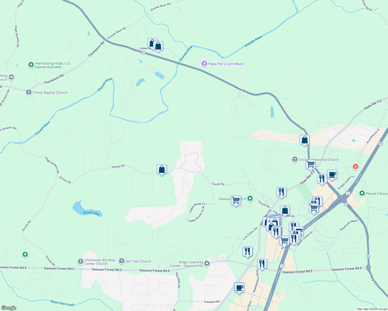 map of restaurants, bars, coffee shops, grocery stores, and more near 37 Wood Valley Trace in Dawsonville