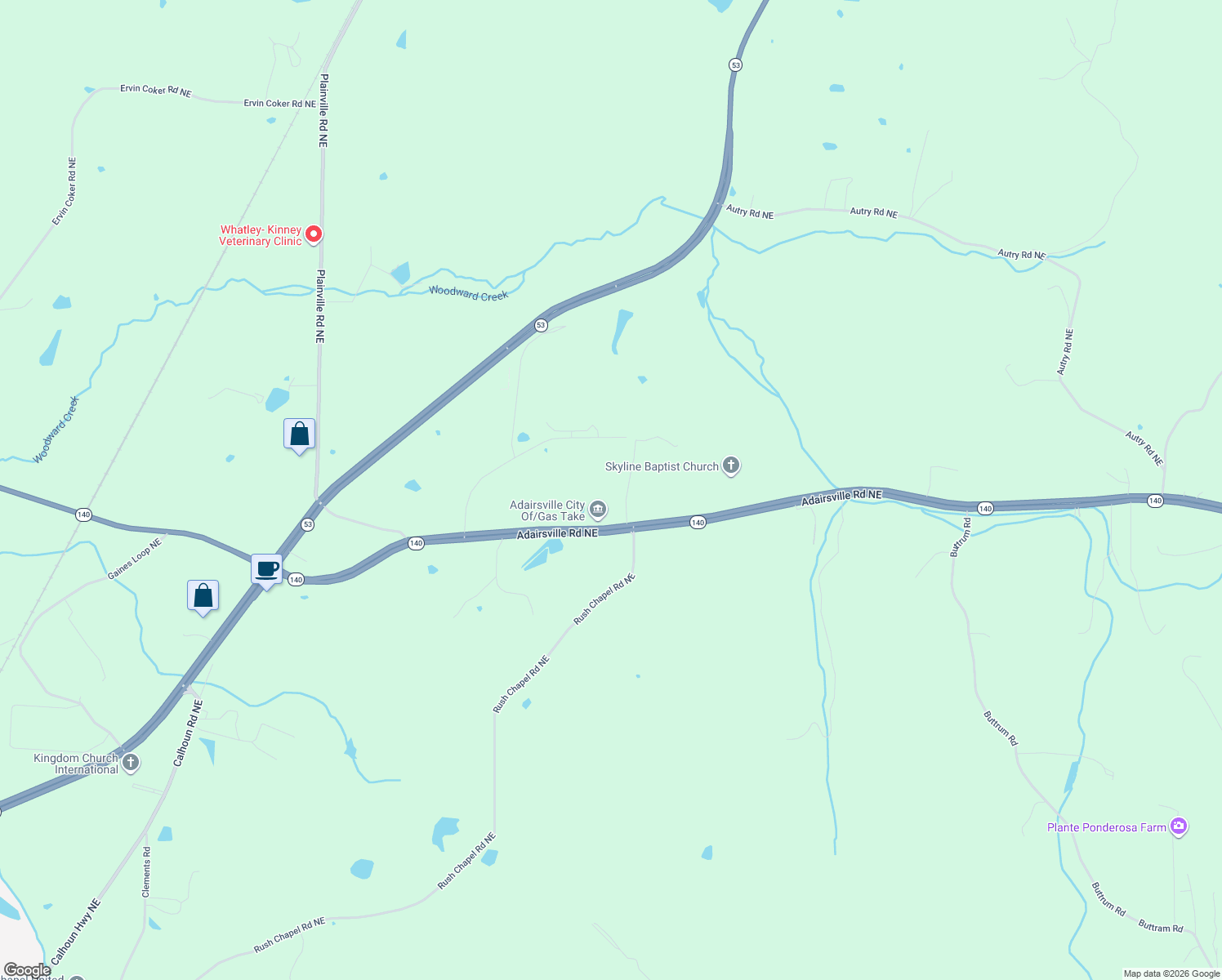 map of restaurants, bars, coffee shops, grocery stores, and more near 4607 Adairsville Road Northeast in Adairsville