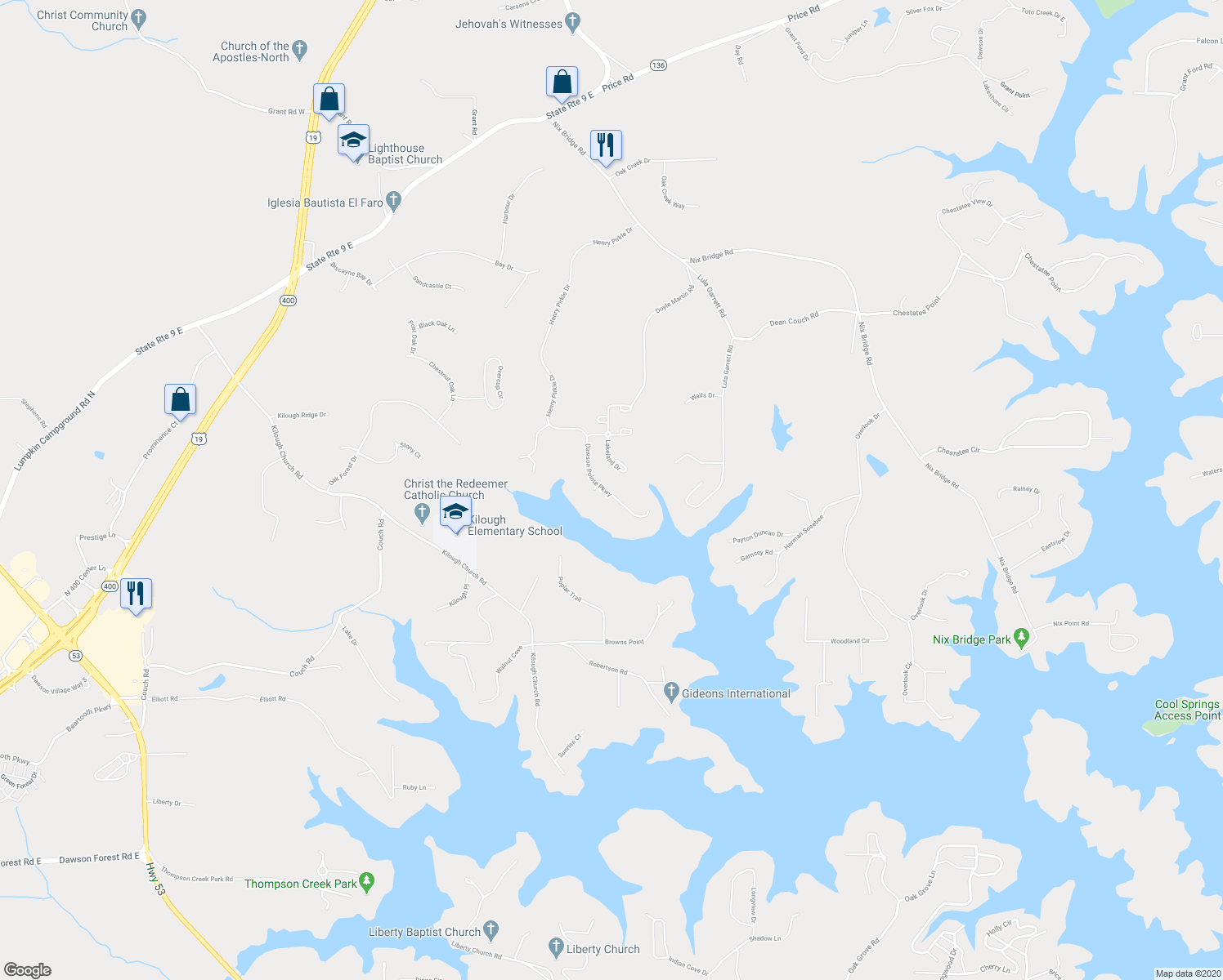 map of restaurants, bars, coffee shops, grocery stores, and more near 447 Dawson Pointe Parkway in Dawsonville