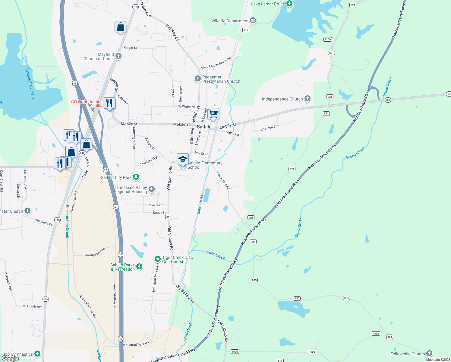 map of restaurants, bars, coffee shops, grocery stores, and more near Fellowship Rd in Saltillo