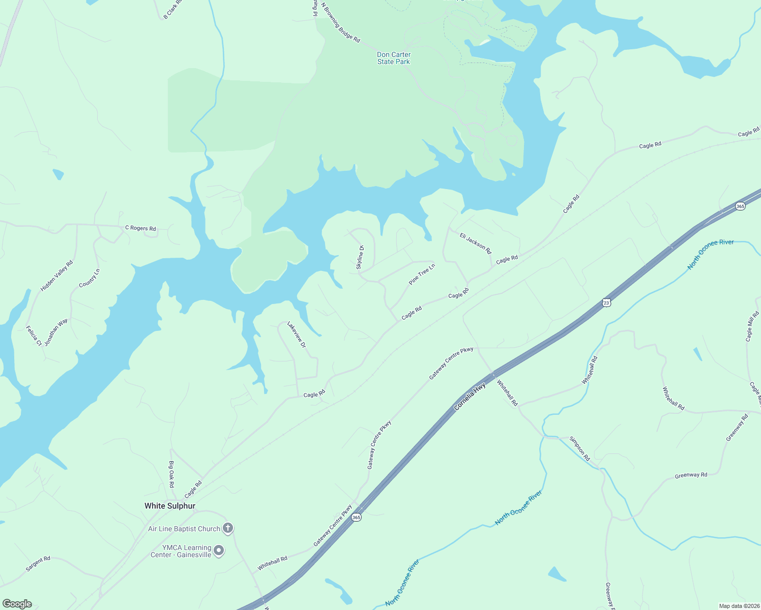 map of restaurants, bars, coffee shops, grocery stores, and more near 3811 Skyline Drive in Gainesville
