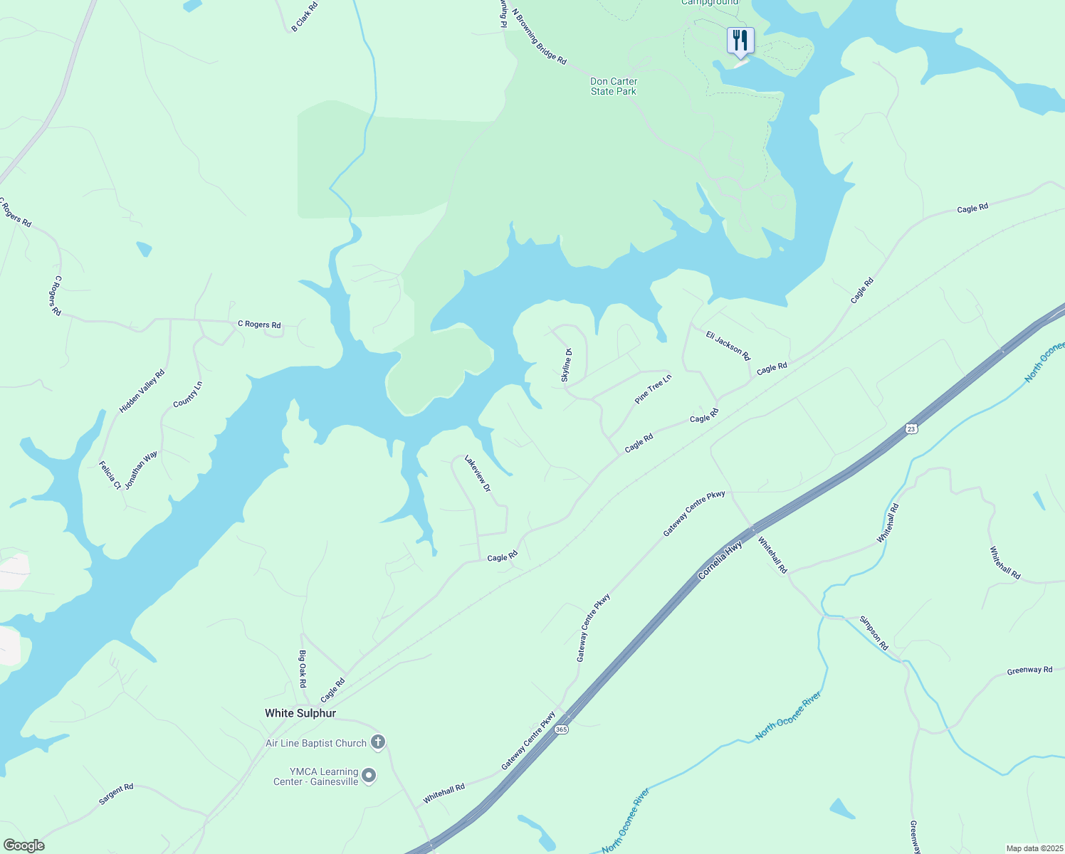 map of restaurants, bars, coffee shops, grocery stores, and more near 3836 Clubhouse Drive in Gainesville
