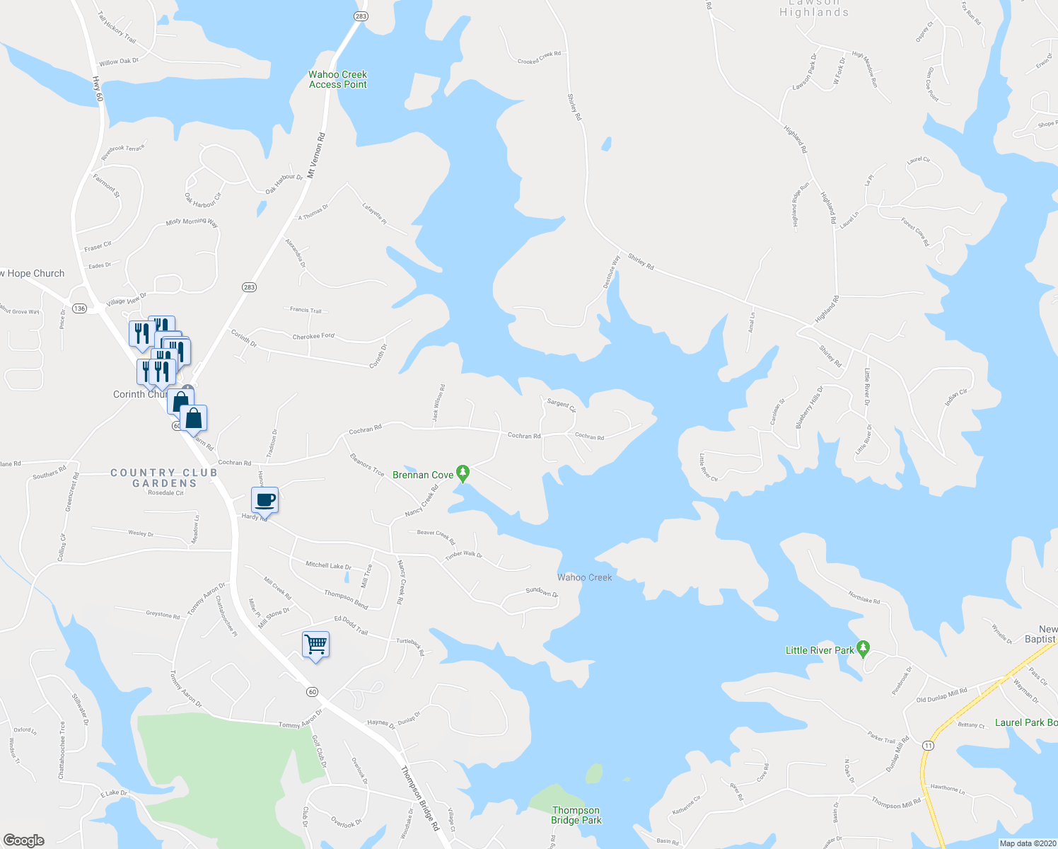 map of restaurants, bars, coffee shops, grocery stores, and more near 3929 Cochran Road in Gainesville