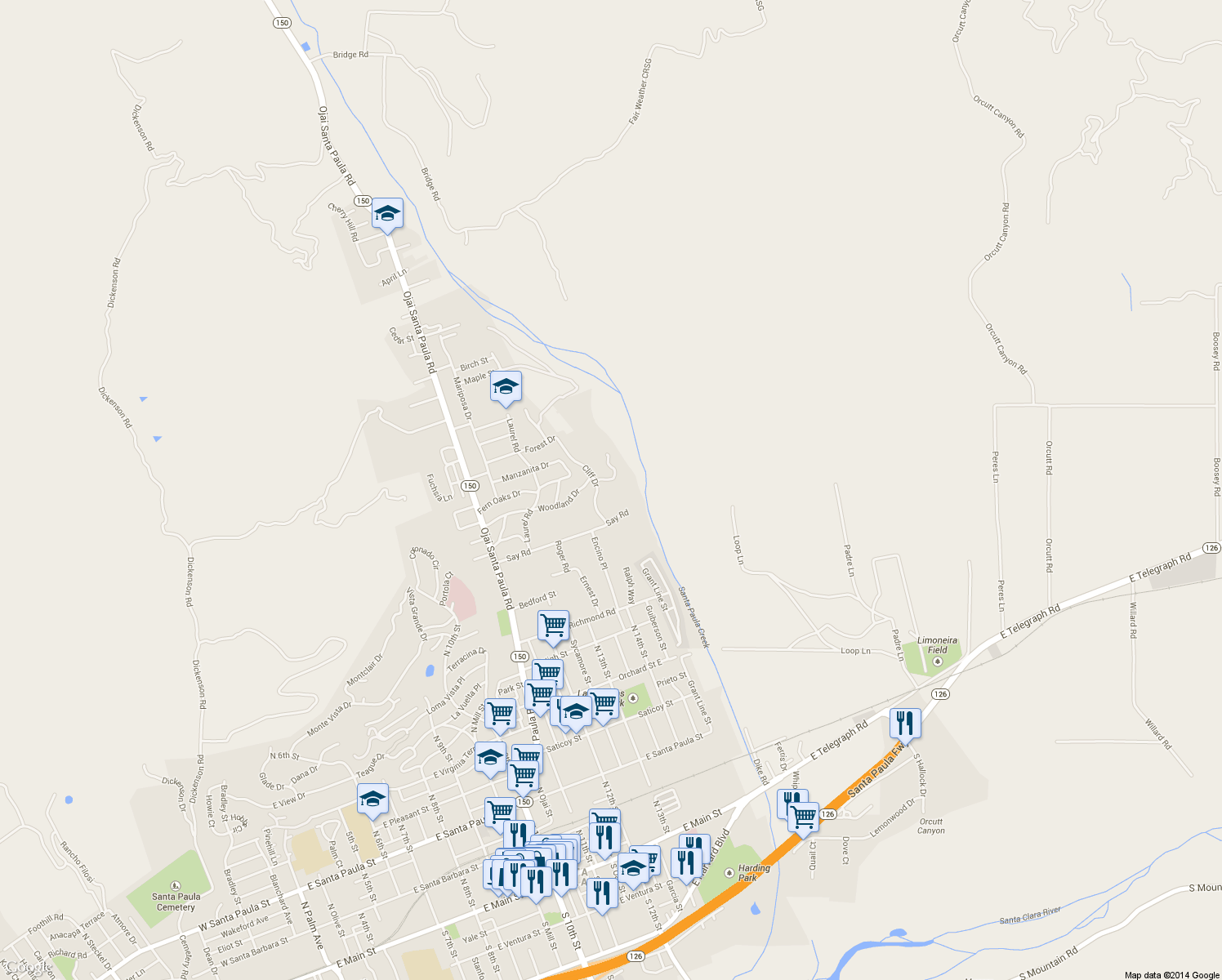 map of restaurants, bars, coffee shops, grocery stores, and more near 927 Cliff Drive in Santa Paula
