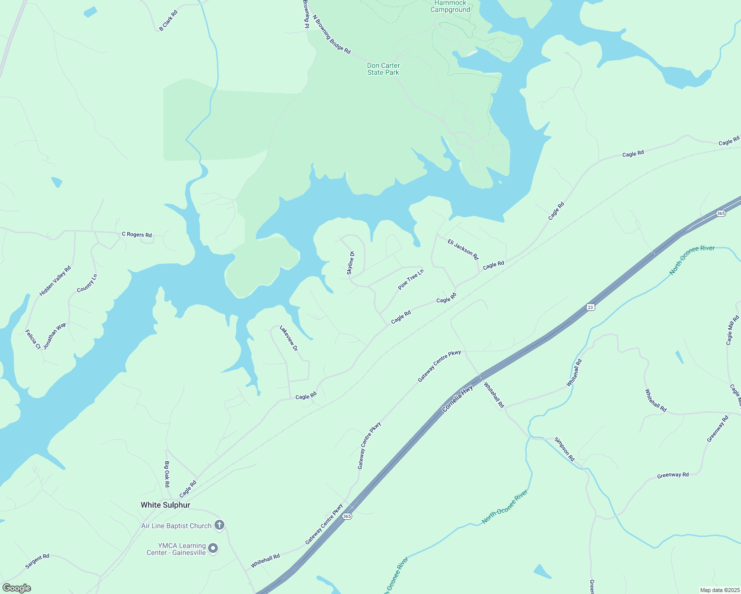 map of restaurants, bars, coffee shops, grocery stores, and more near 3843 Skyline Drive in Gainesville