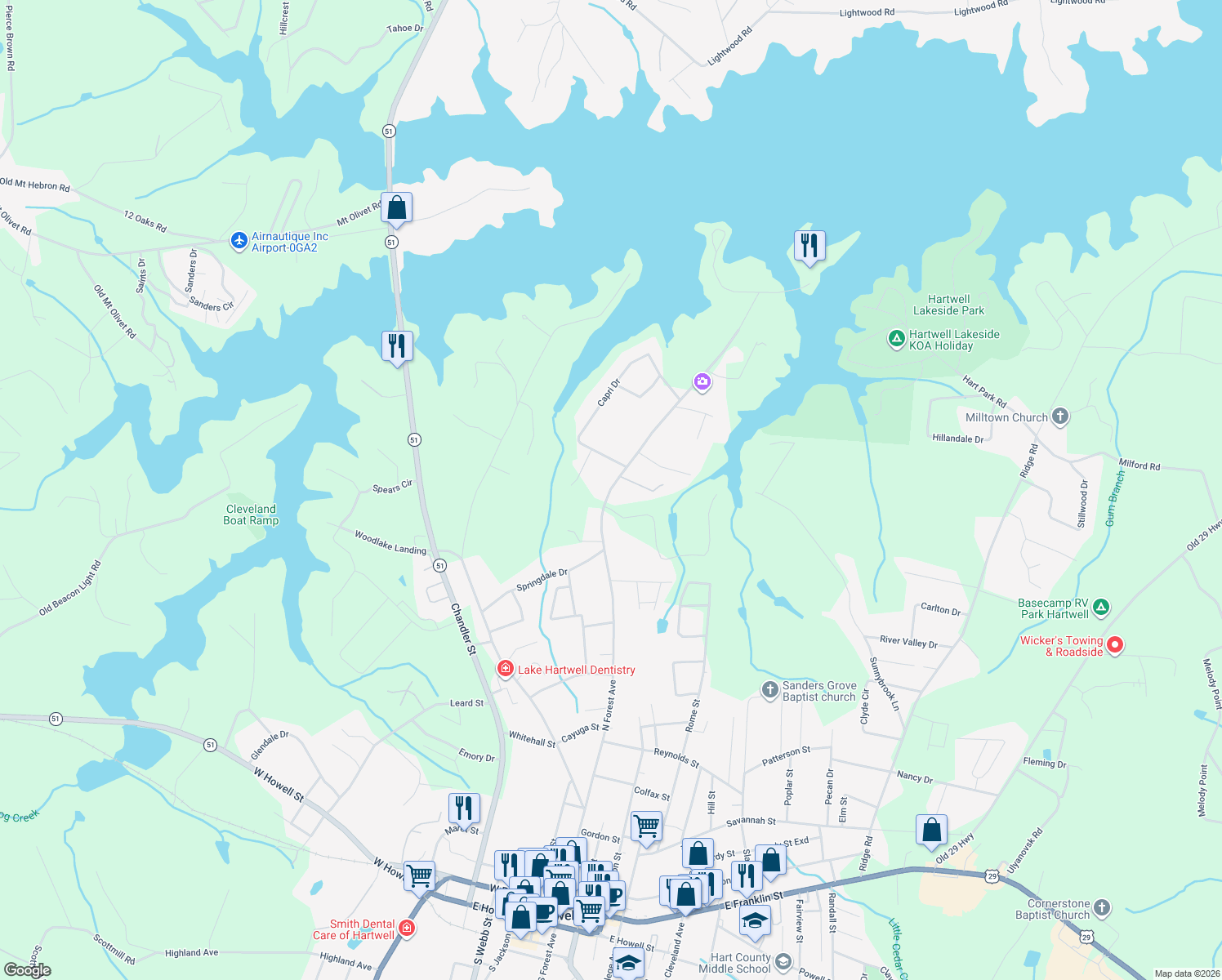 map of restaurants, bars, coffee shops, grocery stores, and more near 1336 North Forest Avenue in Hartwell