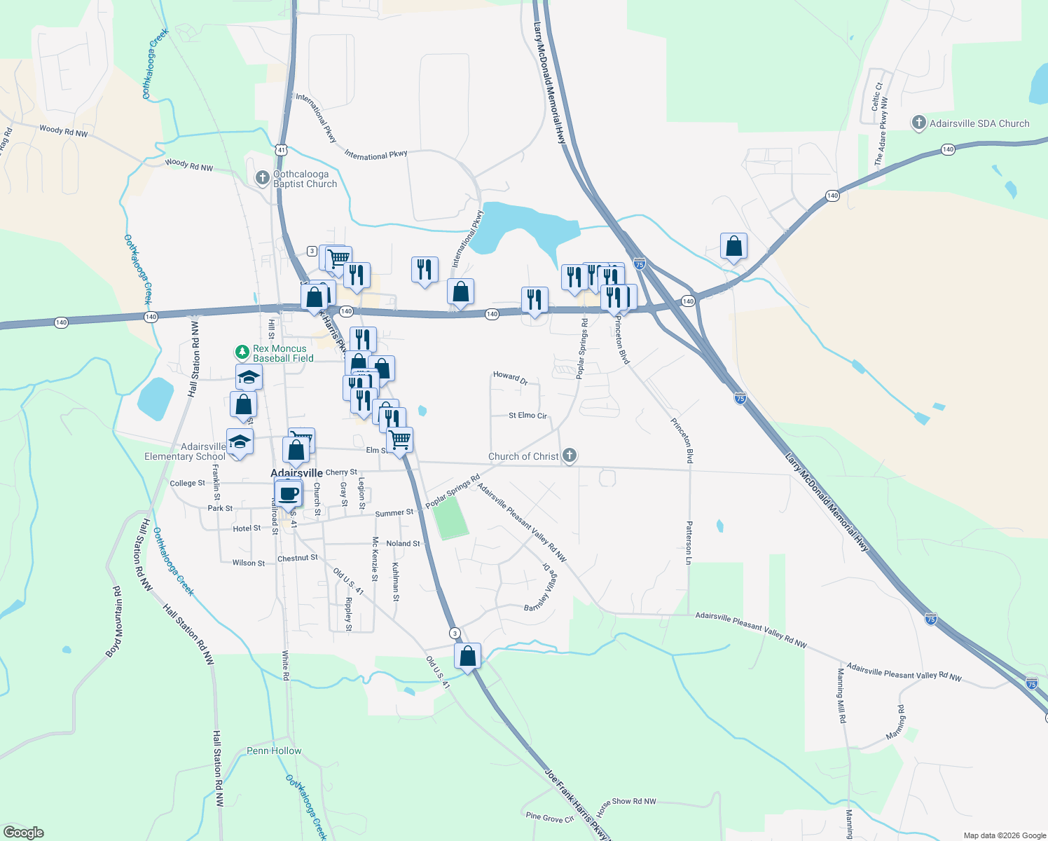 map of restaurants, bars, coffee shops, grocery stores, and more near 240 Saint Elmo Circle in Adairsville