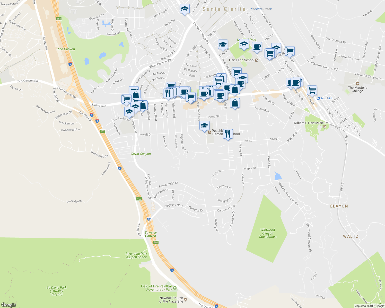 map of restaurants, bars, coffee shops, grocery stores, and more near 24923 Highspring Avenue in Santa Clarita
