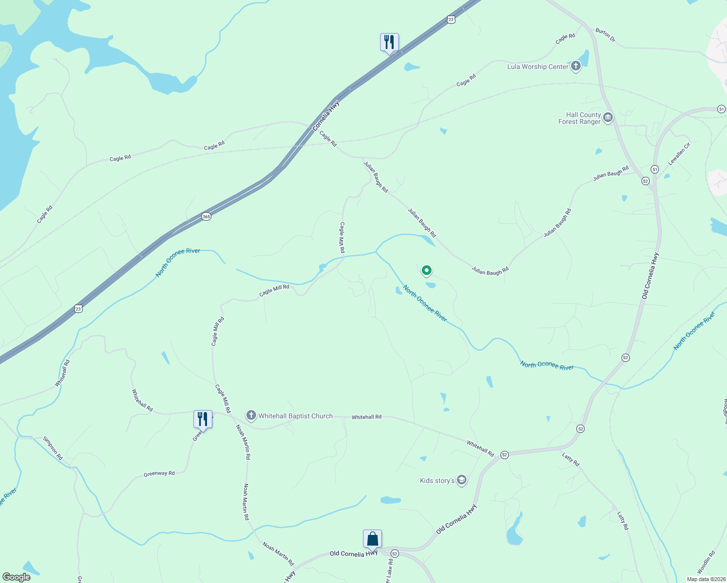 map of restaurants, bars, coffee shops, grocery stores, and more near 5309 Old Mill Road in Lula