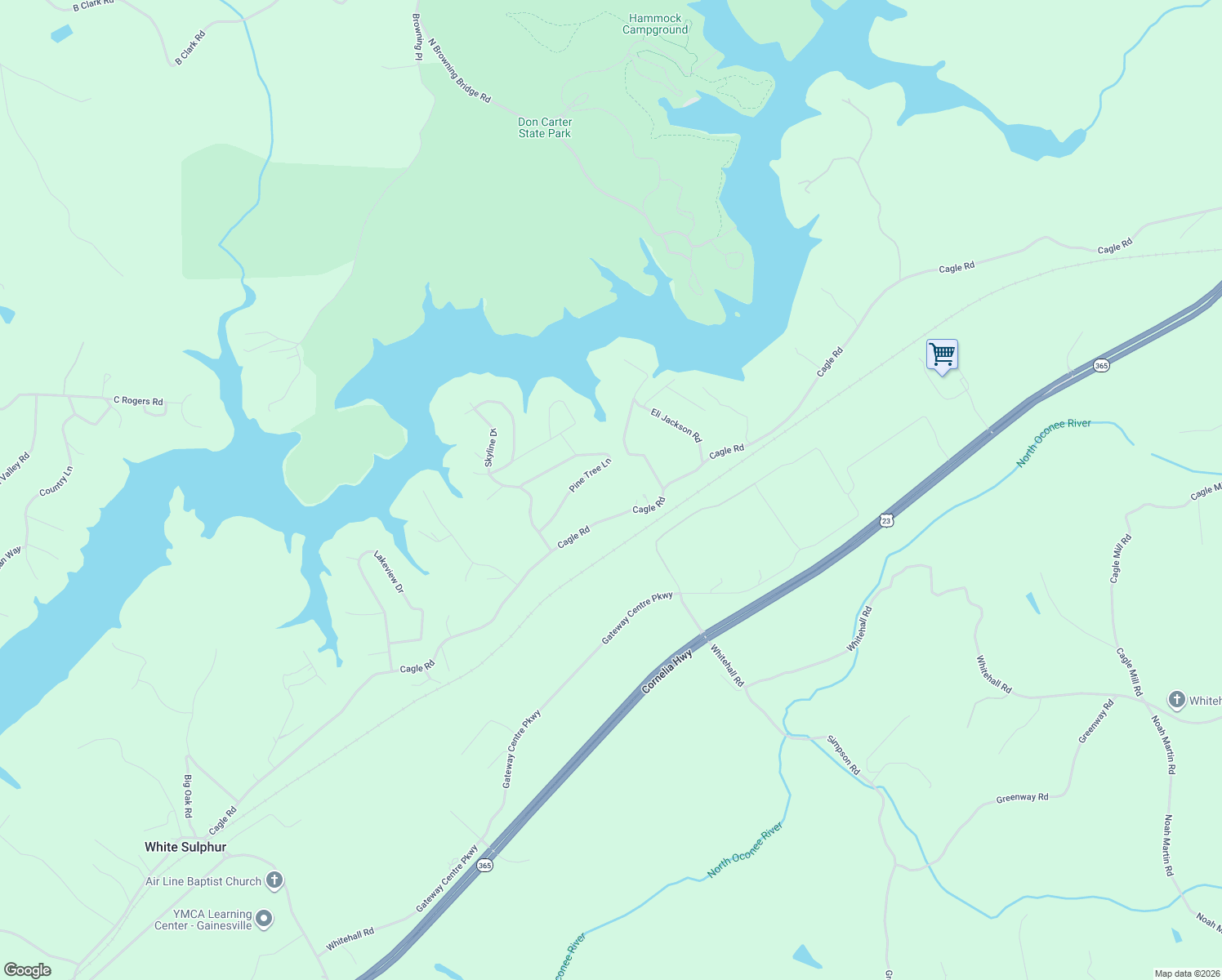 map of restaurants, bars, coffee shops, grocery stores, and more near 3845 Cagle Road in Gainesville