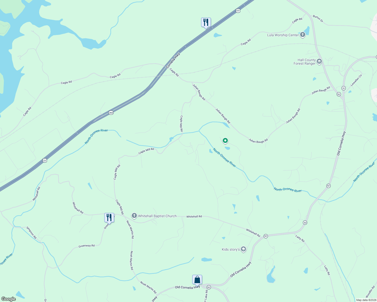 map of restaurants, bars, coffee shops, grocery stores, and more near 5309 Old Mill Road in Lula