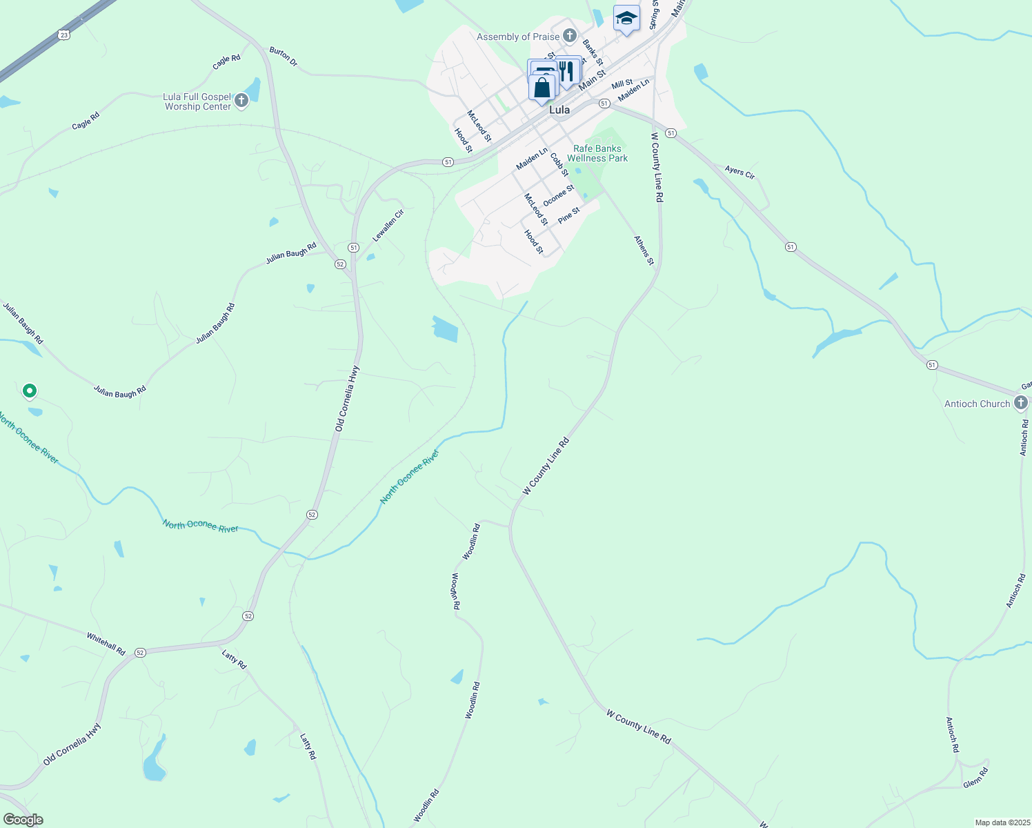 map of restaurants, bars, coffee shops, grocery stores, and more near 6670 County Line Road in Lula
