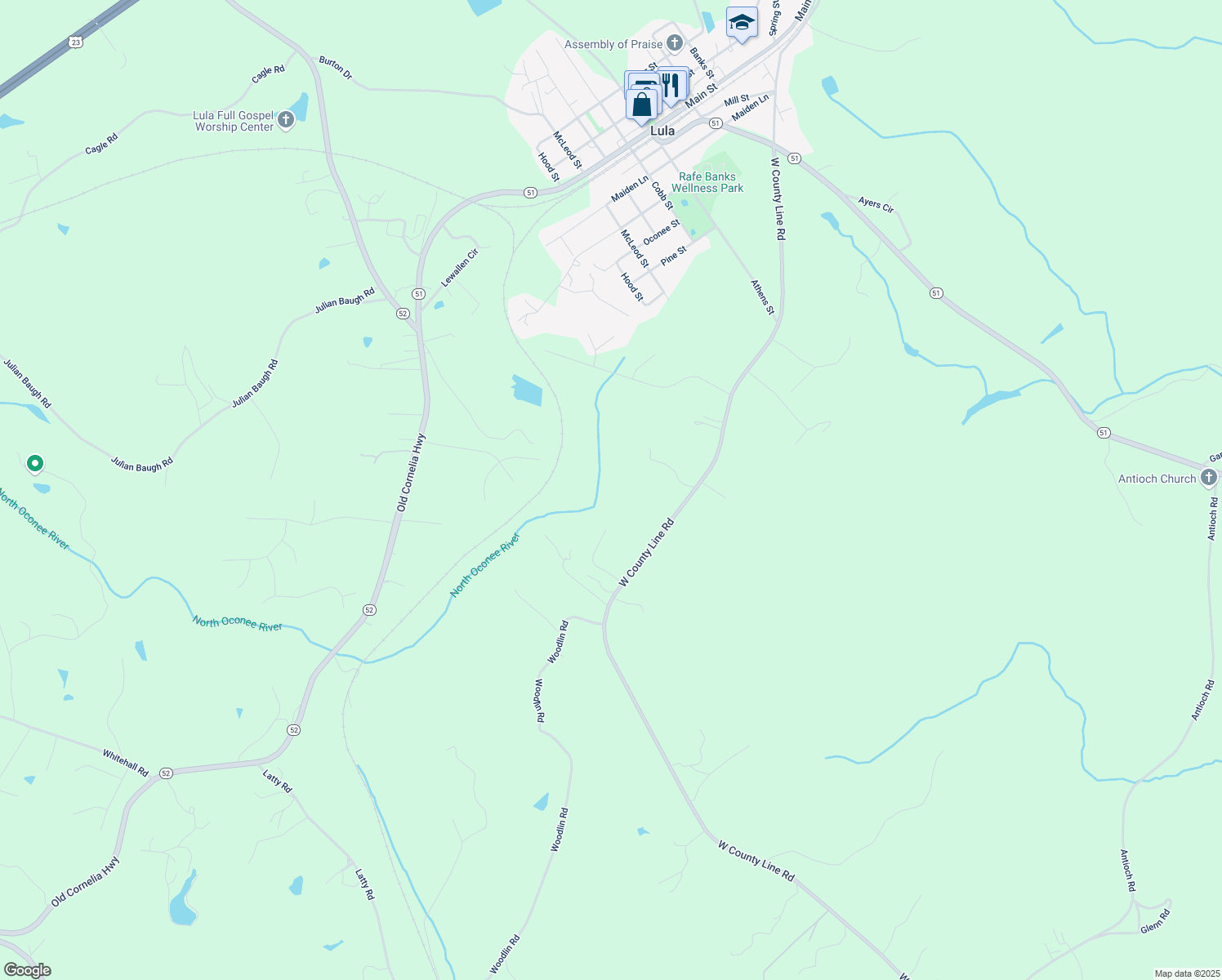 map of restaurants, bars, coffee shops, grocery stores, and more near 6670 County Line Road in Lula