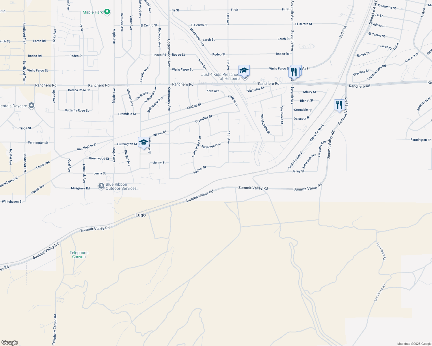 map of restaurants, bars, coffee shops, grocery stores, and more near 15219 Halinor Street in Hesperia