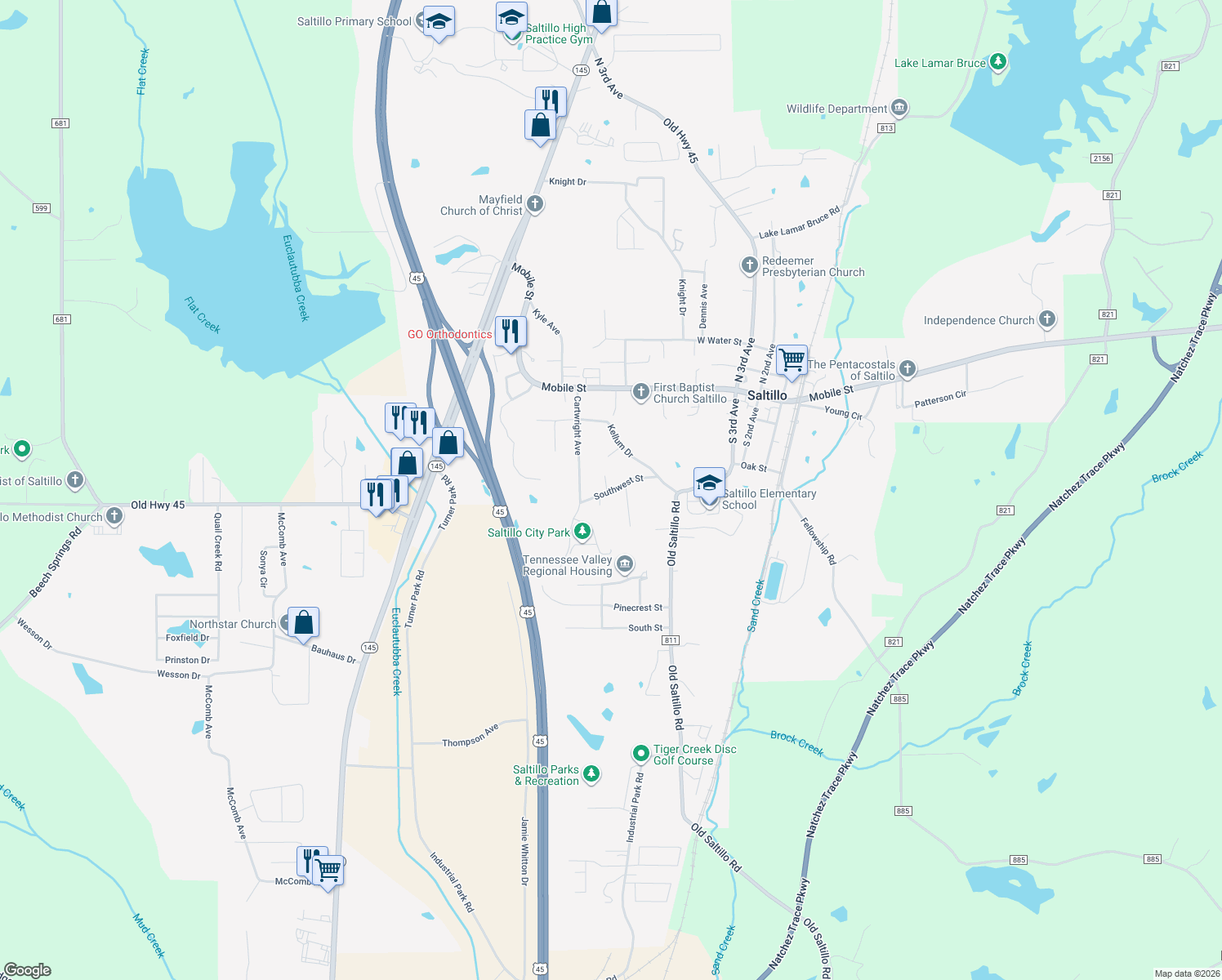 map of restaurants, bars, coffee shops, grocery stores, and more near 120 Southwest Street in Saltillo