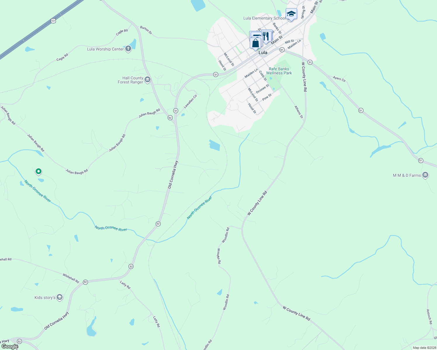 map of restaurants, bars, coffee shops, grocery stores, and more near 5474 Morgan Manor Ct in Lula