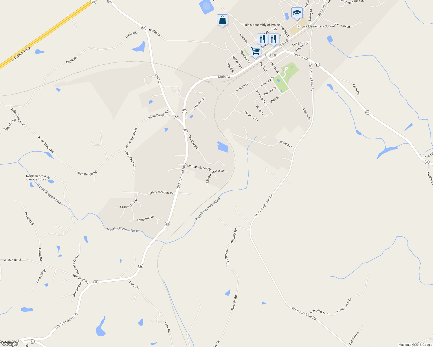 map of restaurants, bars, coffee shops, grocery stores, and more near 5444 Morgan Manor Court in Lula