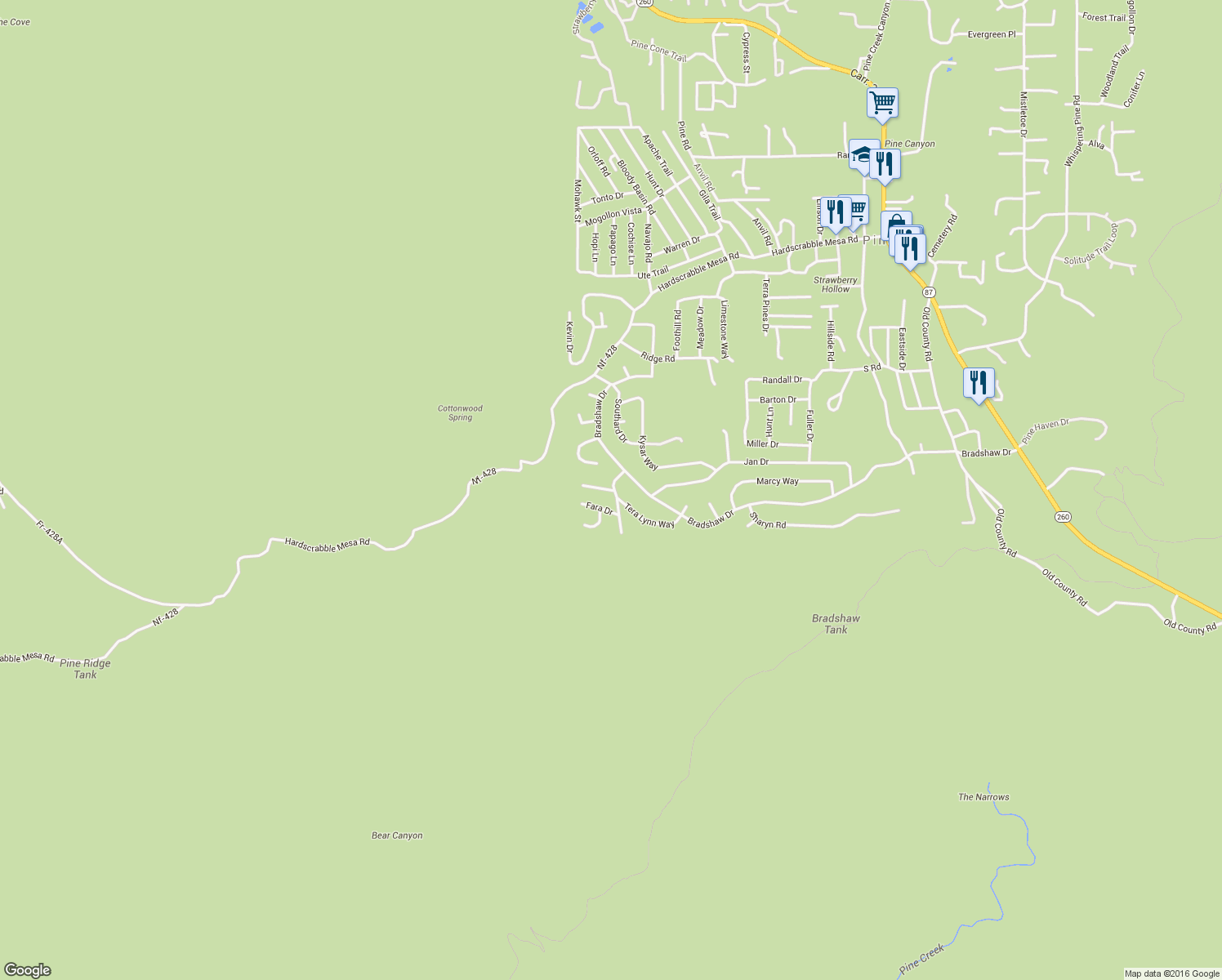 map of restaurants, bars, coffee shops, grocery stores, and more near 6832 Robbin Lane in Pine