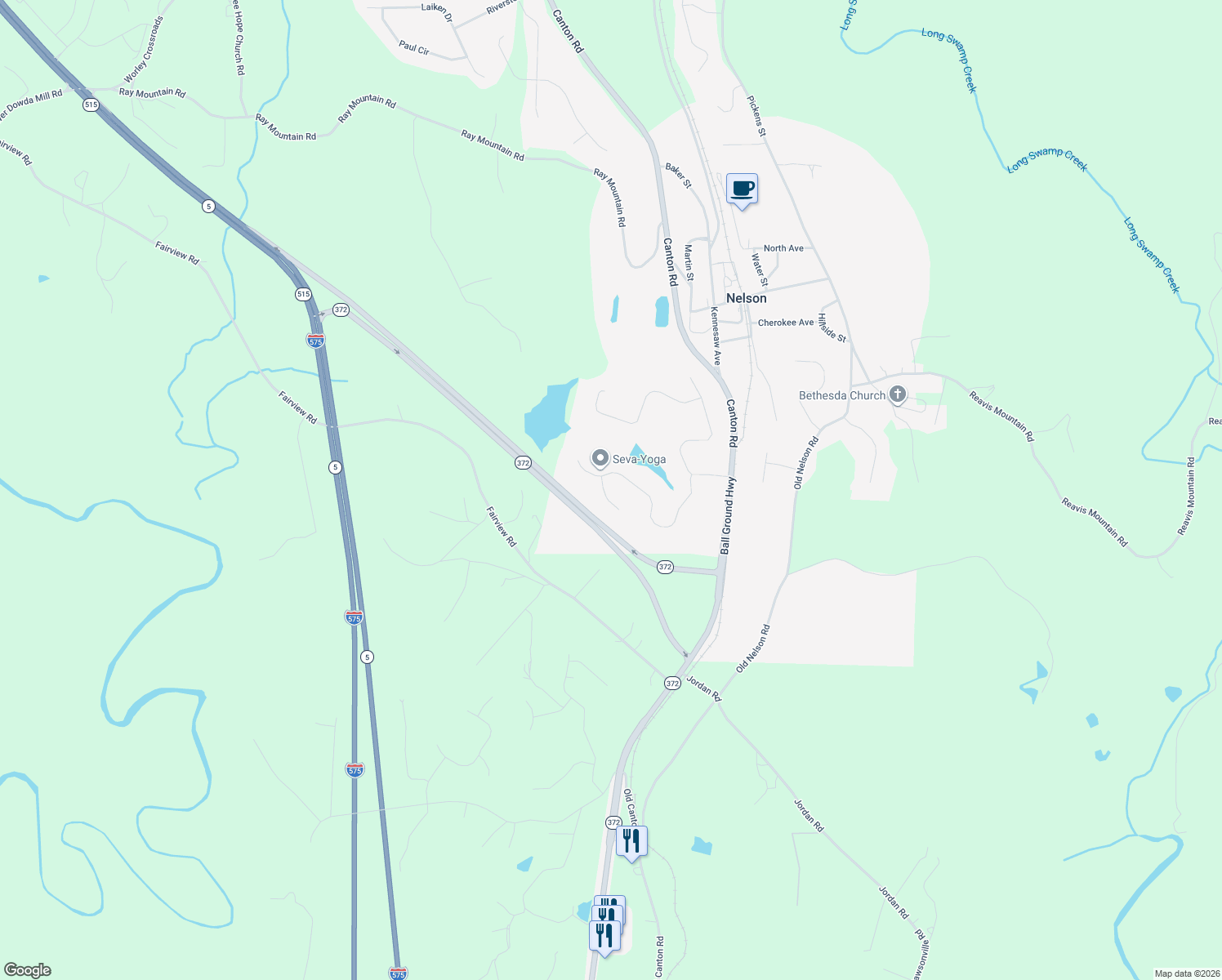 map of restaurants, bars, coffee shops, grocery stores, and more near 105 Hickory Lane in Ball Ground