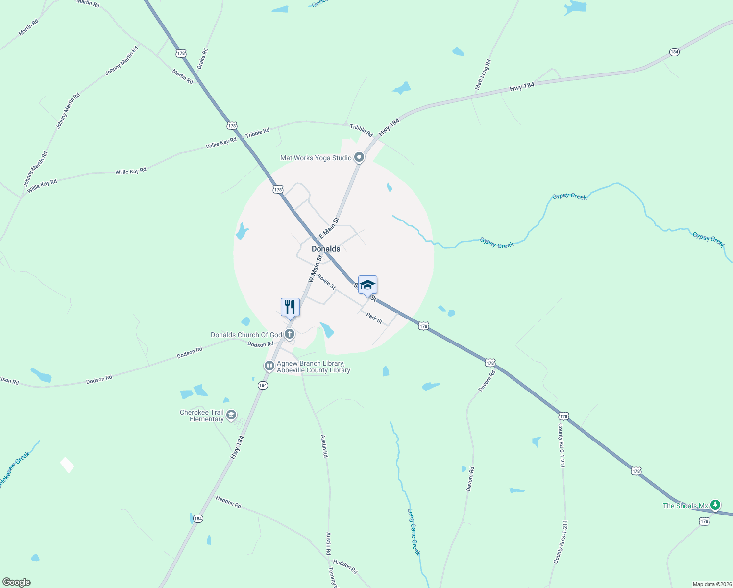 map of restaurants, bars, coffee shops, grocery stores, and more near South Main Street in Donalds