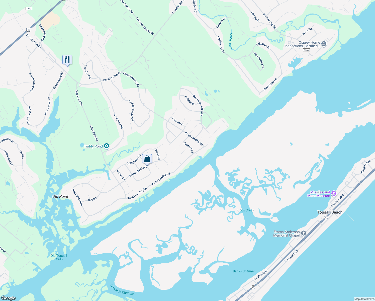 map of restaurants, bars, coffee shops, grocery stores, and more near 203 Skipper Road in Hampstead