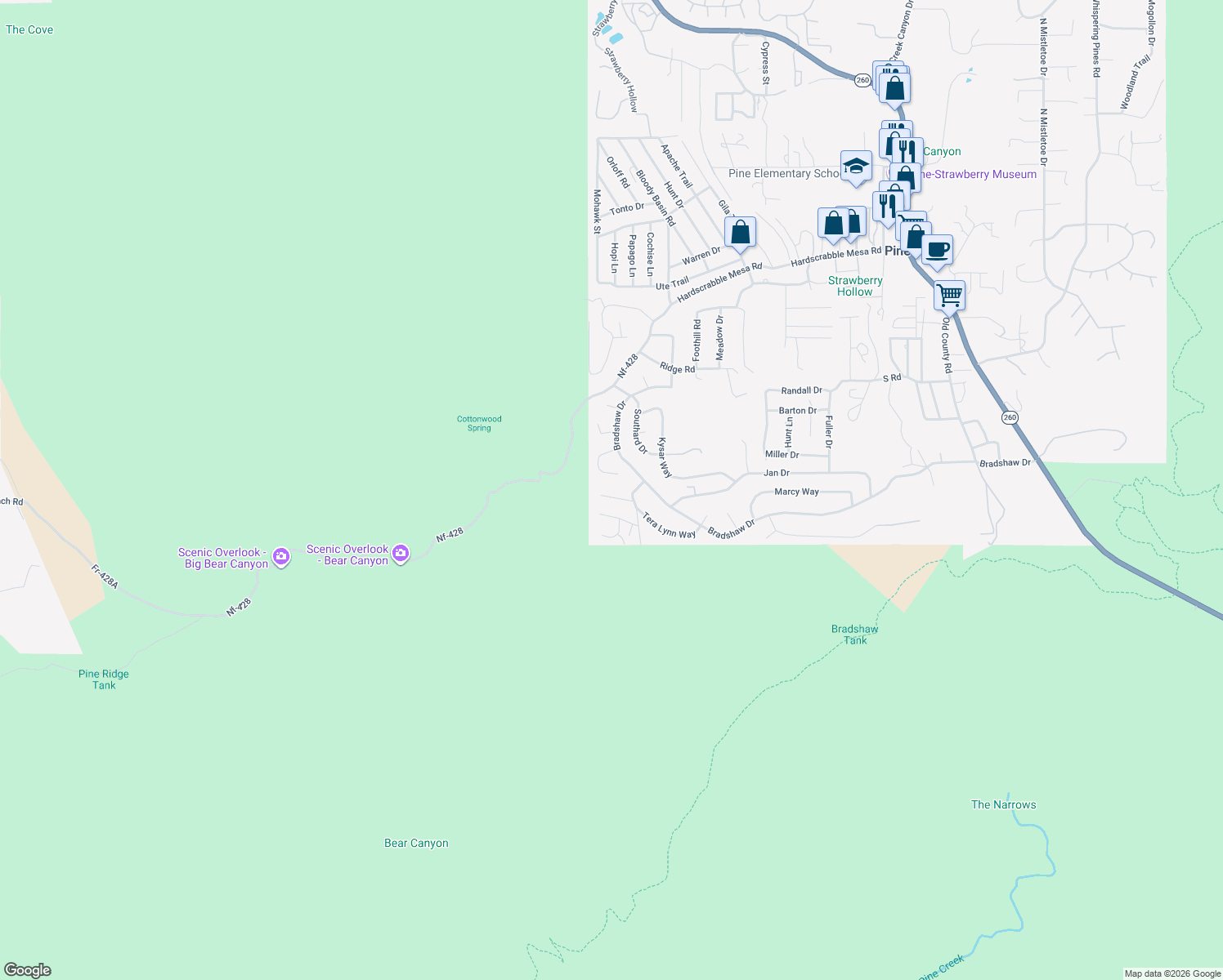 map of restaurants, bars, coffee shops, grocery stores, and more near 6832 Robbin Lane in Pine