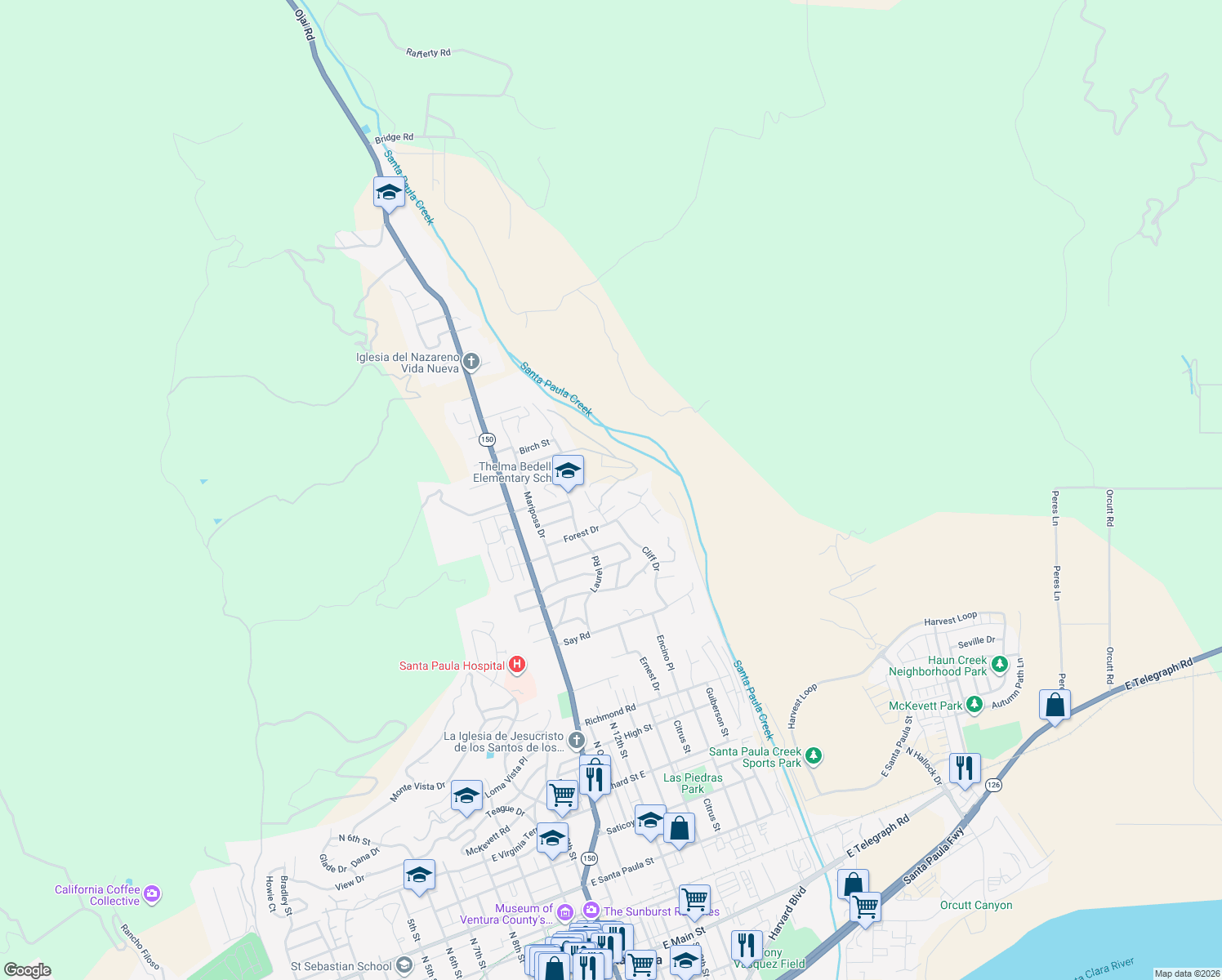 map of restaurants, bars, coffee shops, grocery stores, and more near 1151 Grant Line Street in Santa Paula