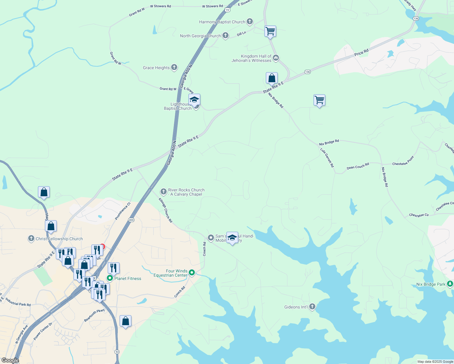 map of restaurants, bars, coffee shops, grocery stores, and more near 184 Chestnut Oak Lane in Dawsonville