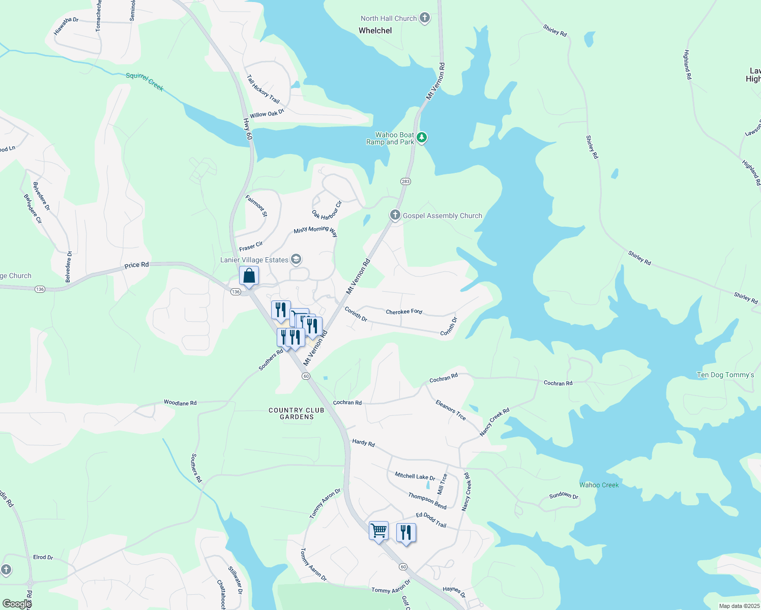map of restaurants, bars, coffee shops, grocery stores, and more near 3725 Cherokee Ford in Gainesville