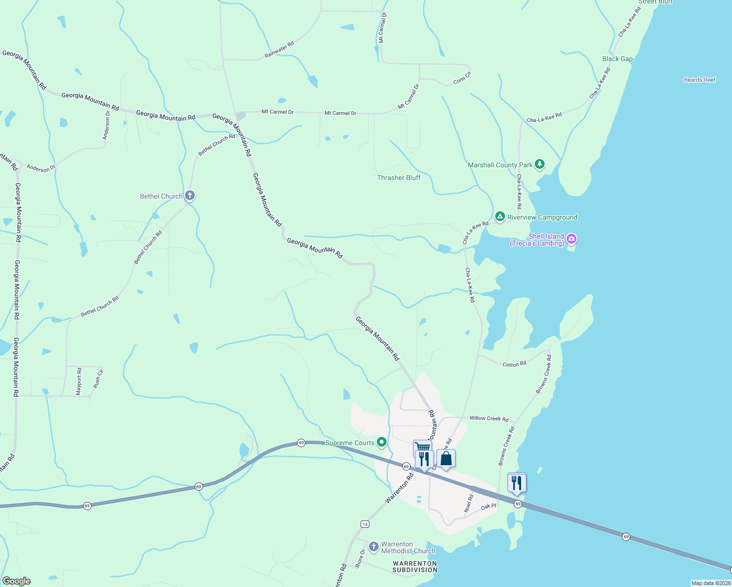 map of restaurants, bars, coffee shops, grocery stores, and more near 1055 Georgia Mountain Road in Guntersville