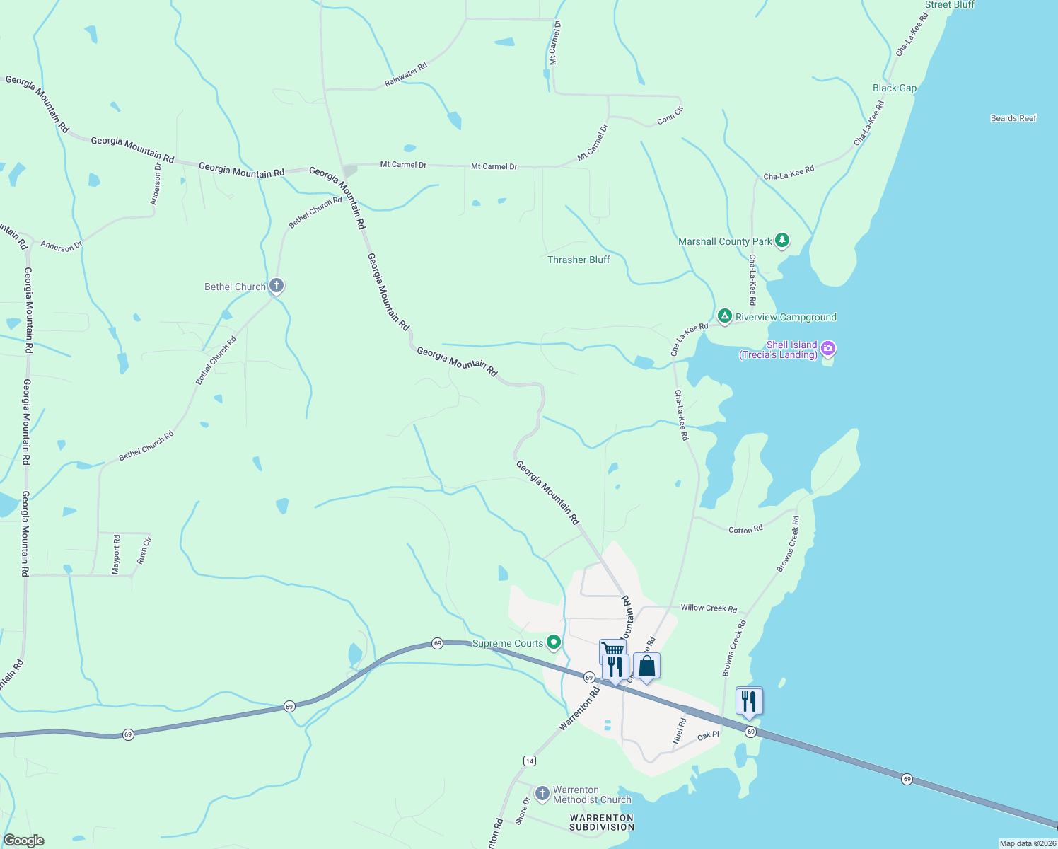 map of restaurants, bars, coffee shops, grocery stores, and more near 1055 Georgia Mountain Road in Guntersville