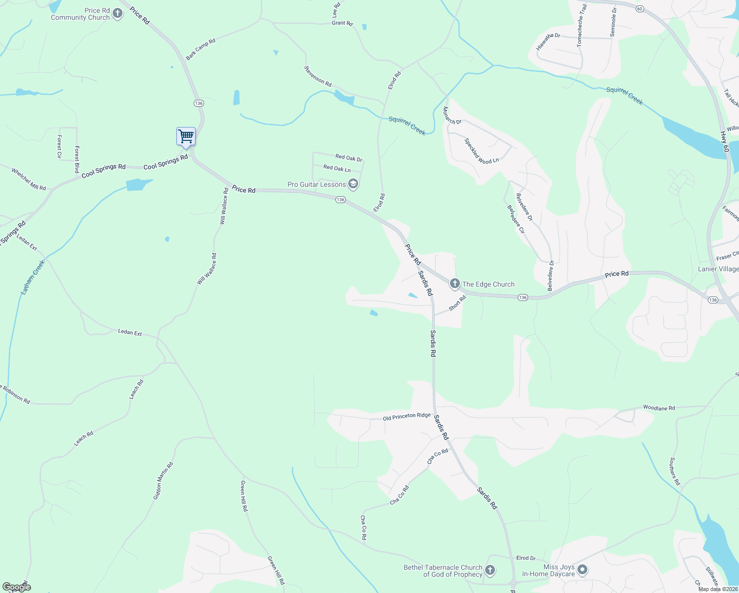 map of restaurants, bars, coffee shops, grocery stores, and more near 4466 Sardis Drive in Gainesville