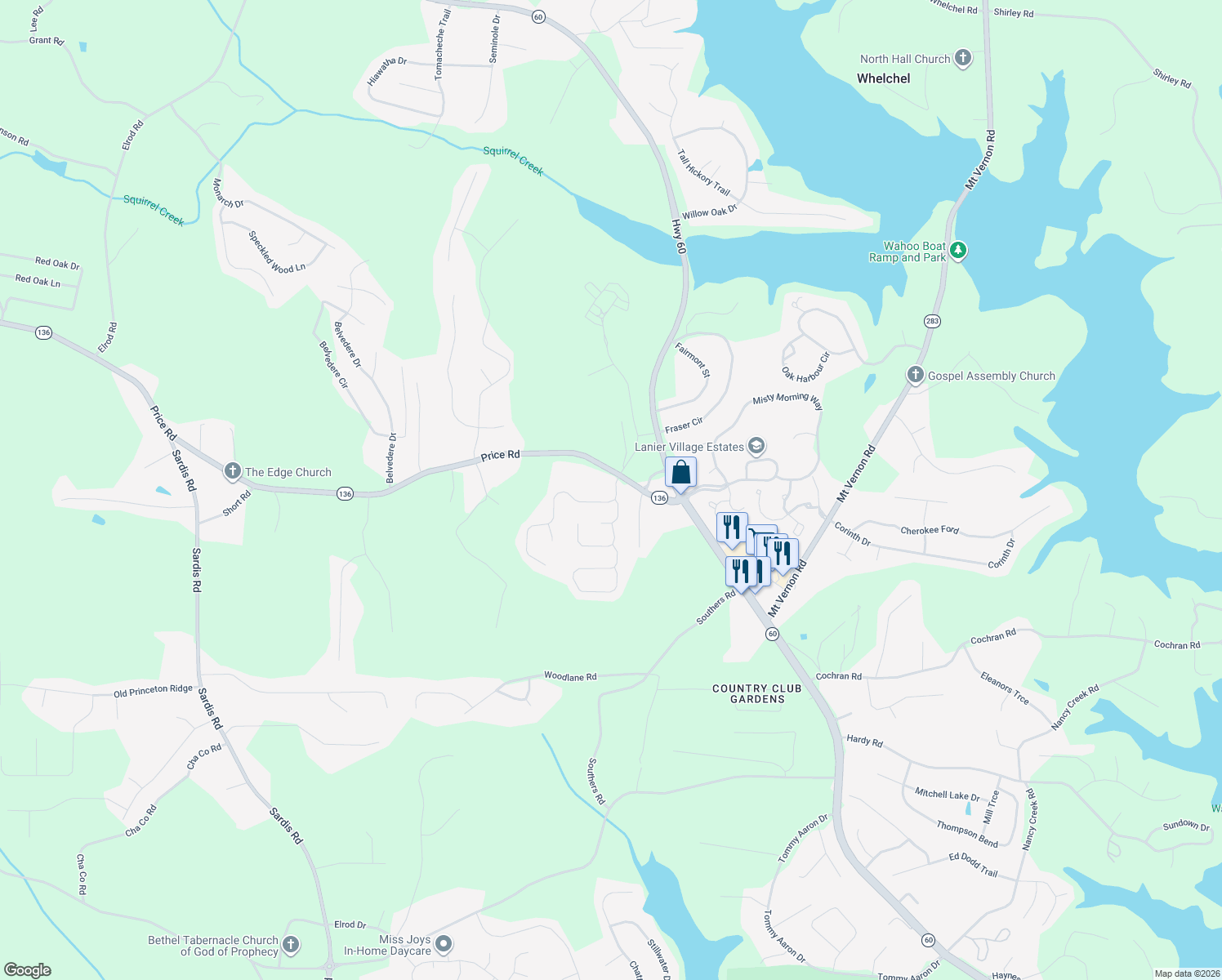 map of restaurants, bars, coffee shops, grocery stores, and more near 3772 Walnut Grove Way in Gainesville