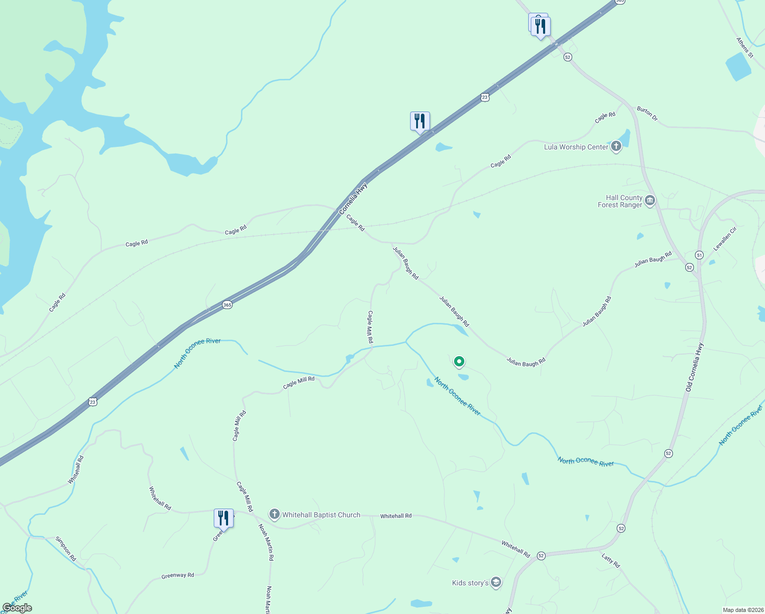 map of restaurants, bars, coffee shops, grocery stores, and more near 5050 Cagle Mill Road in Lula