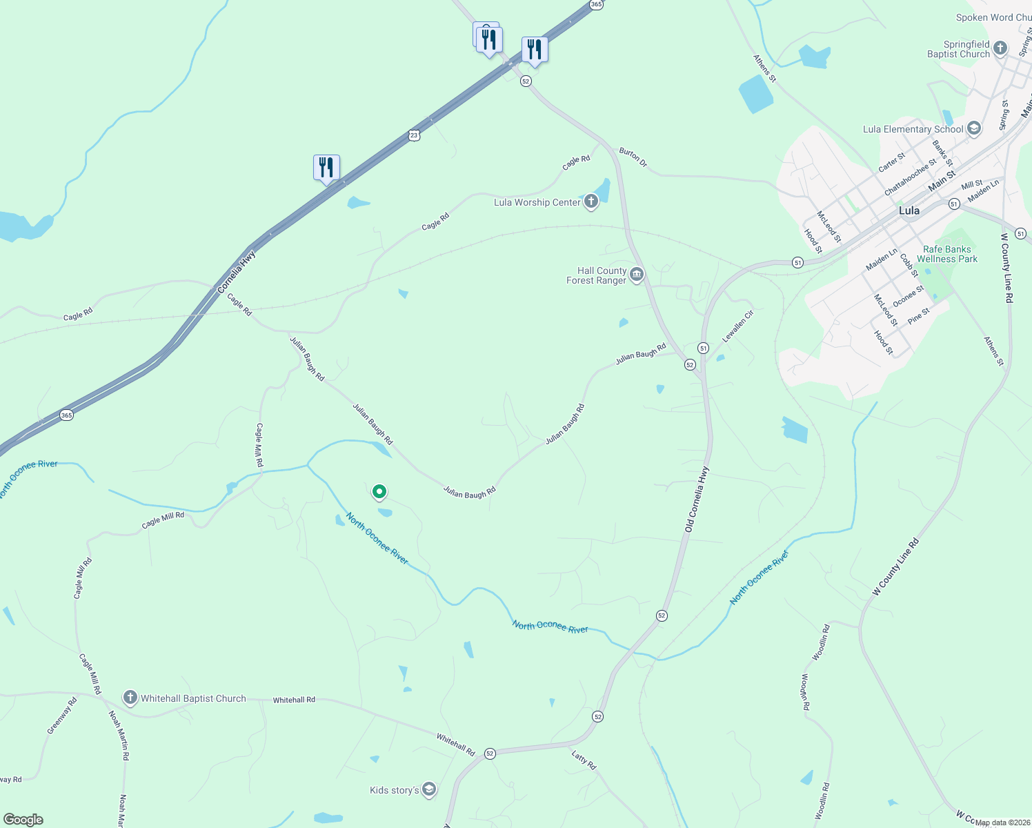 map of restaurants, bars, coffee shops, grocery stores, and more near 5794 Julian Baugh Road in Lula