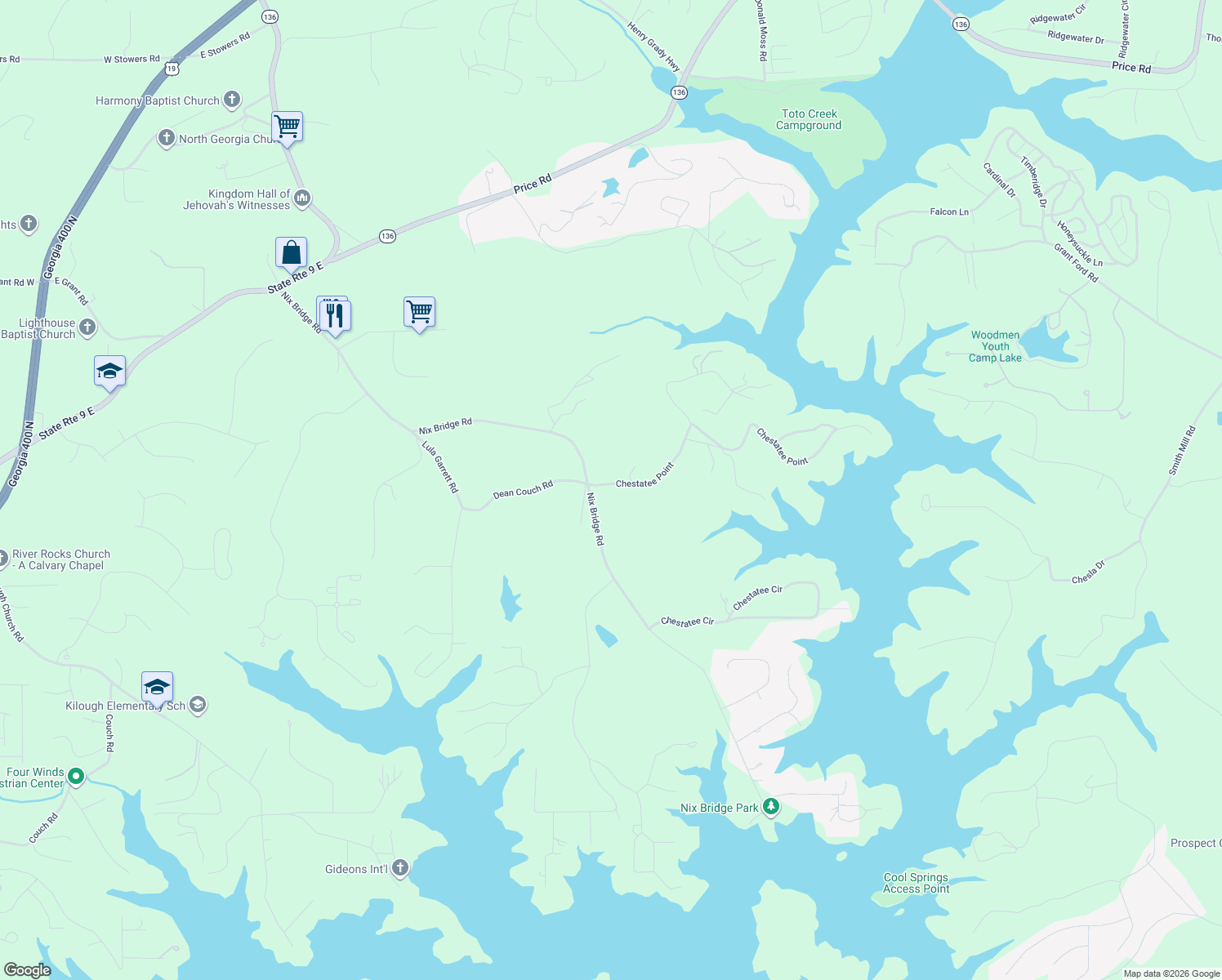 map of restaurants, bars, coffee shops, grocery stores, and more near 8 Chestatee Point in Dawsonville