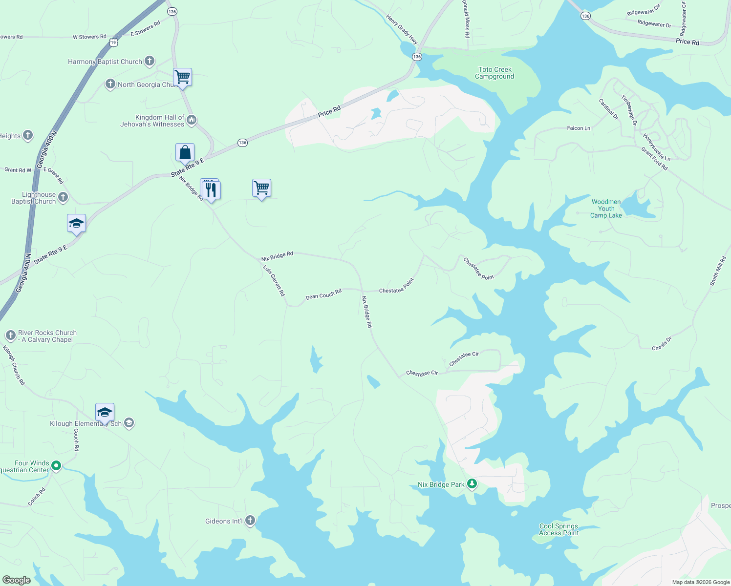 map of restaurants, bars, coffee shops, grocery stores, and more near 8 Chestatee Point in Dawsonville