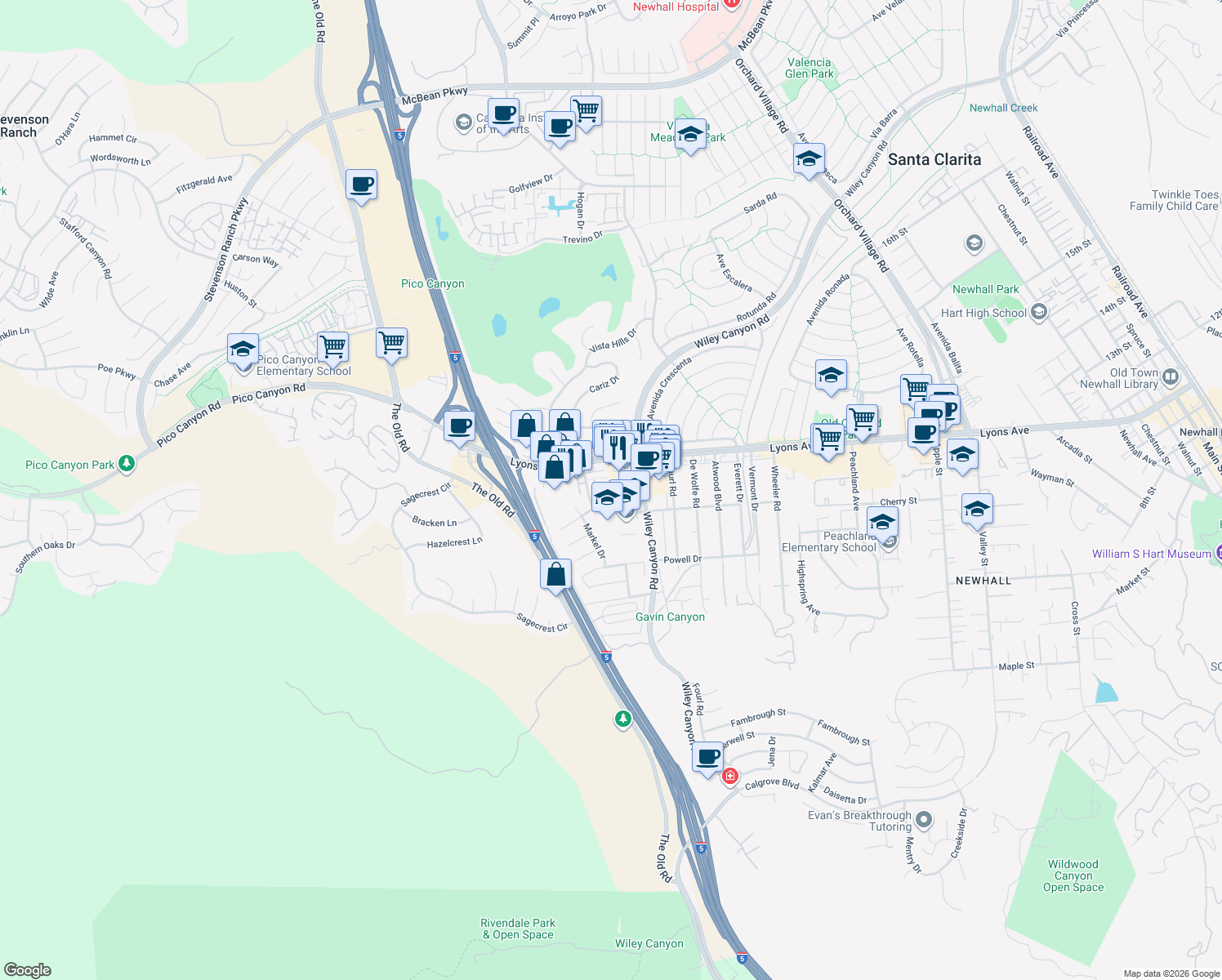 map of restaurants, bars, coffee shops, grocery stores, and more near 25224 Avenue Dorena in Santa Clarita