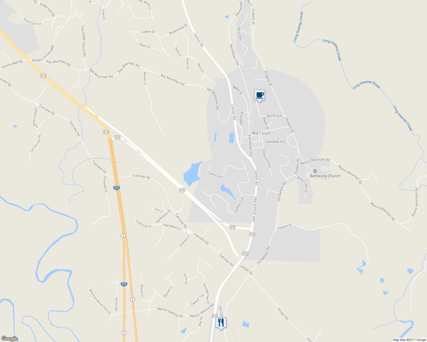 map of restaurants, bars, coffee shops, grocery stores, and more near 2043 Laurel Cove in Ball Ground