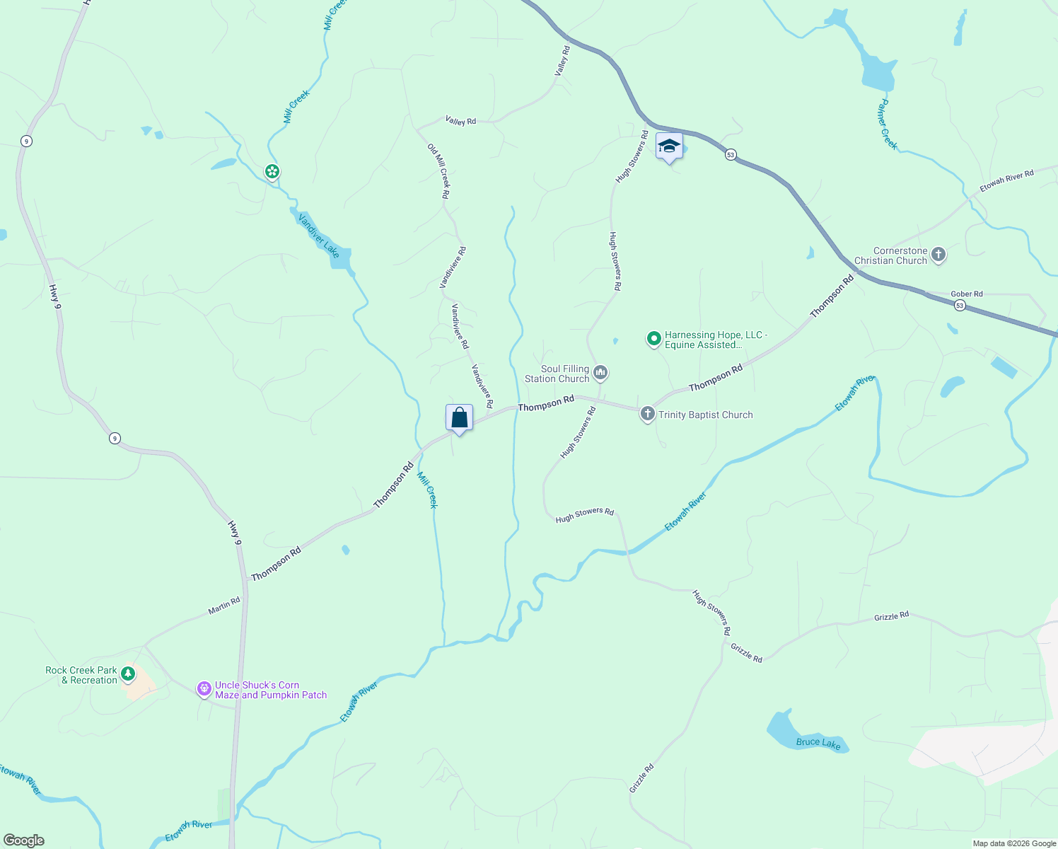 map of restaurants, bars, coffee shops, grocery stores, and more near 1206 Thompson Road in Dawsonville