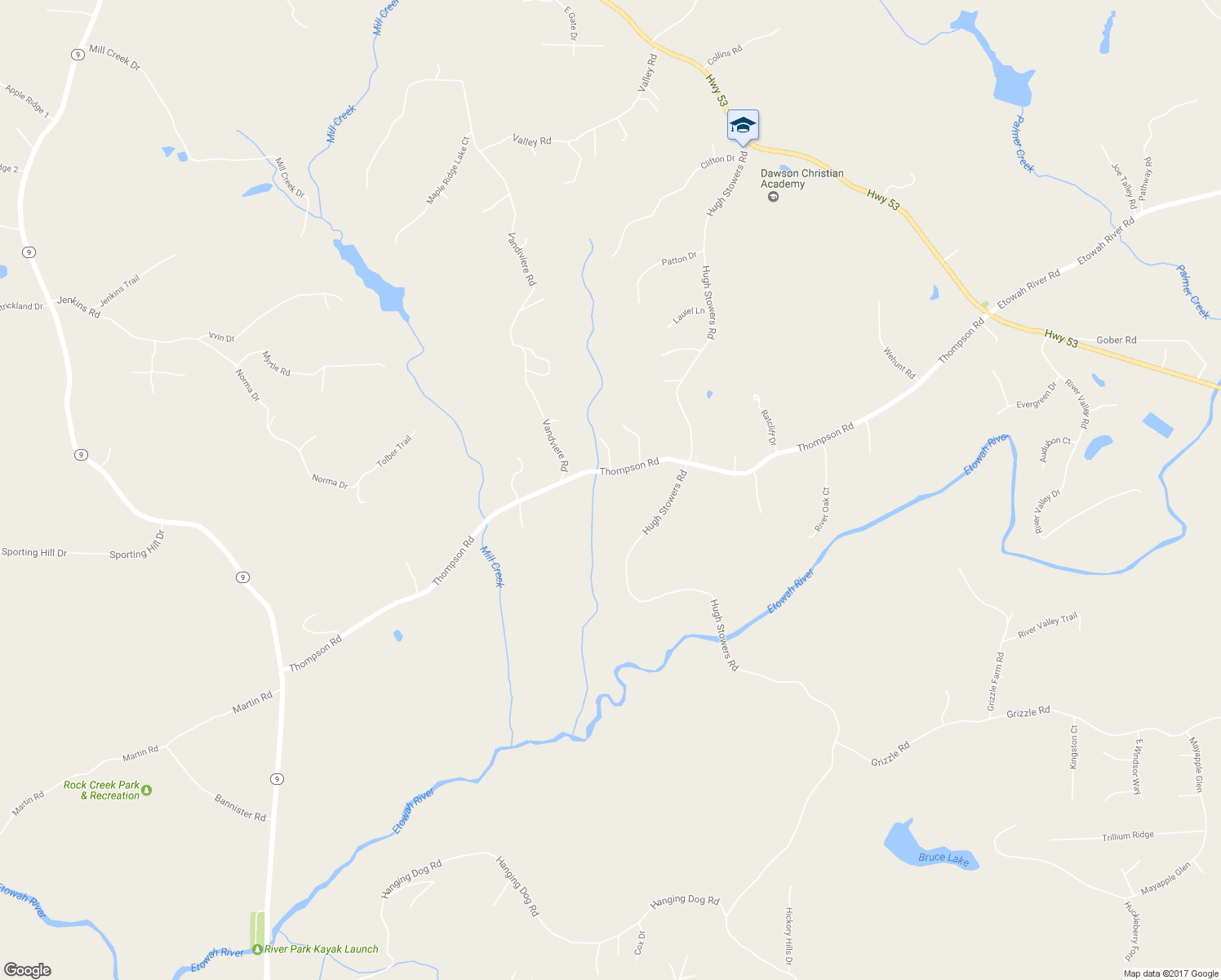 map of restaurants, bars, coffee shops, grocery stores, and more near 1206 Thompson Road in Dawsonville