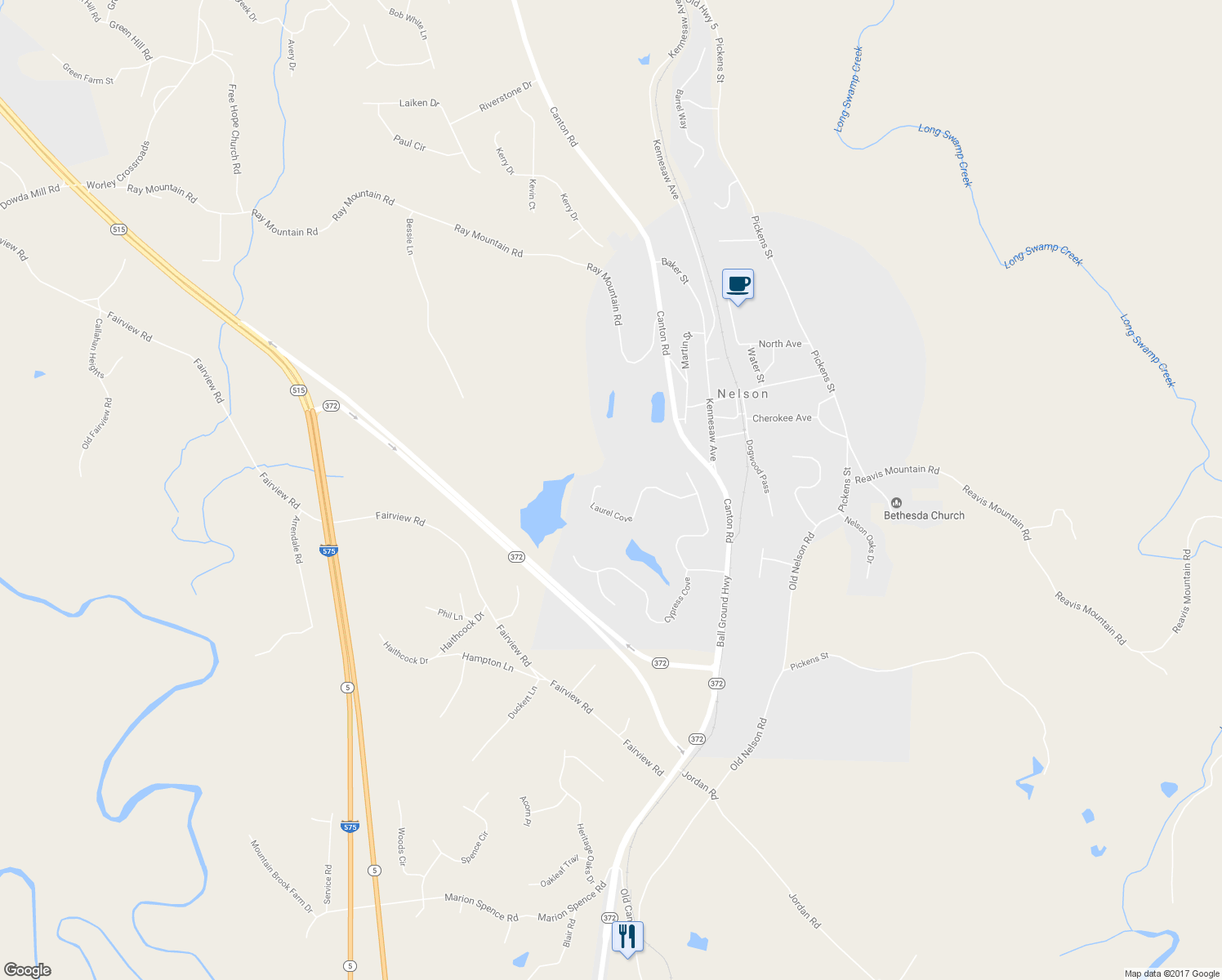 map of restaurants, bars, coffee shops, grocery stores, and more near 2049 Laurel Cove in Ball Ground