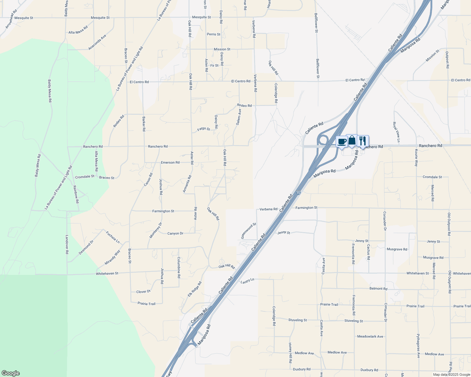 map of restaurants, bars, coffee shops, grocery stores, and more near 7045 Oak Hill Road in Hesperia