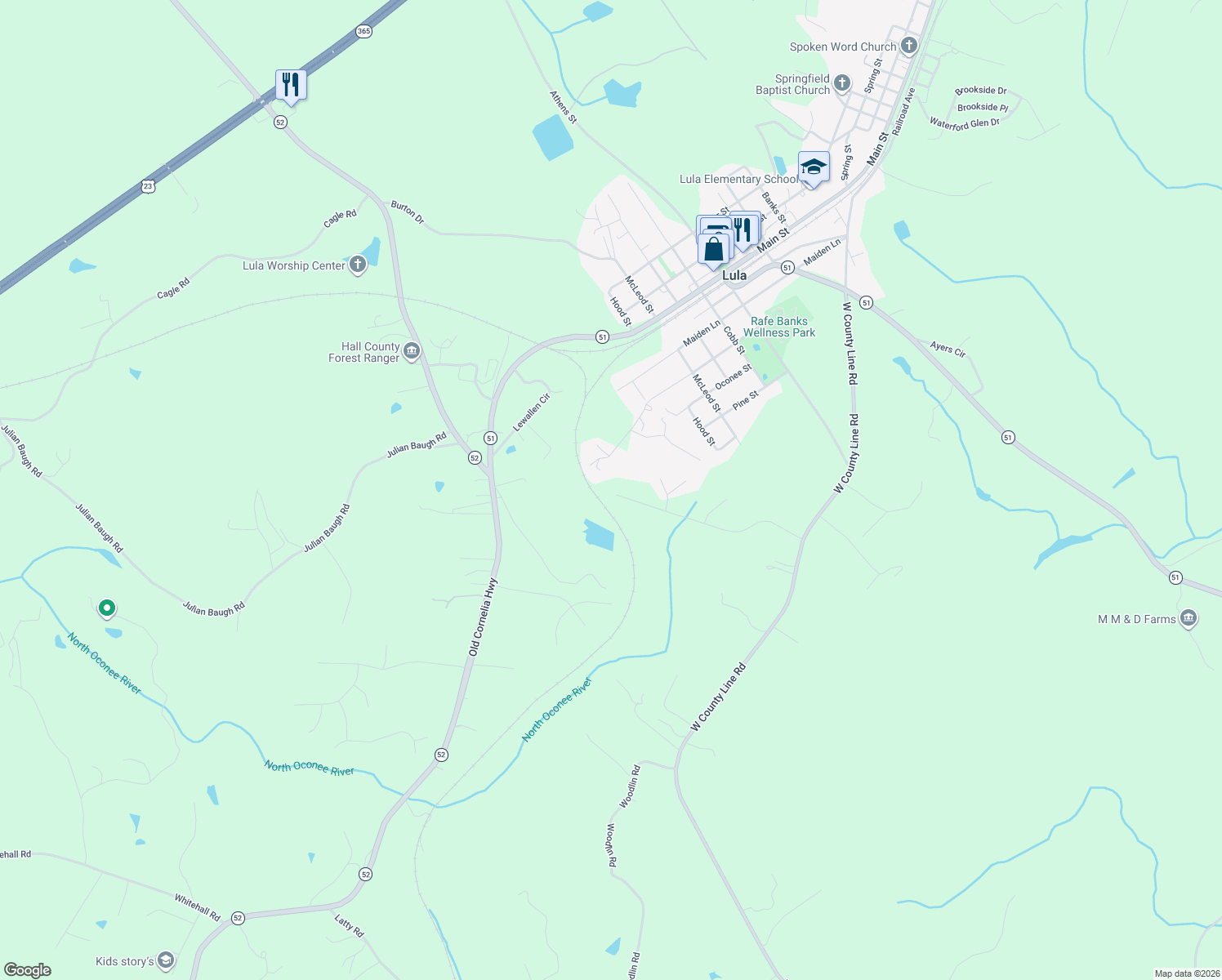 map of restaurants, bars, coffee shops, grocery stores, and more near 6740 Victoria Lane in Lula